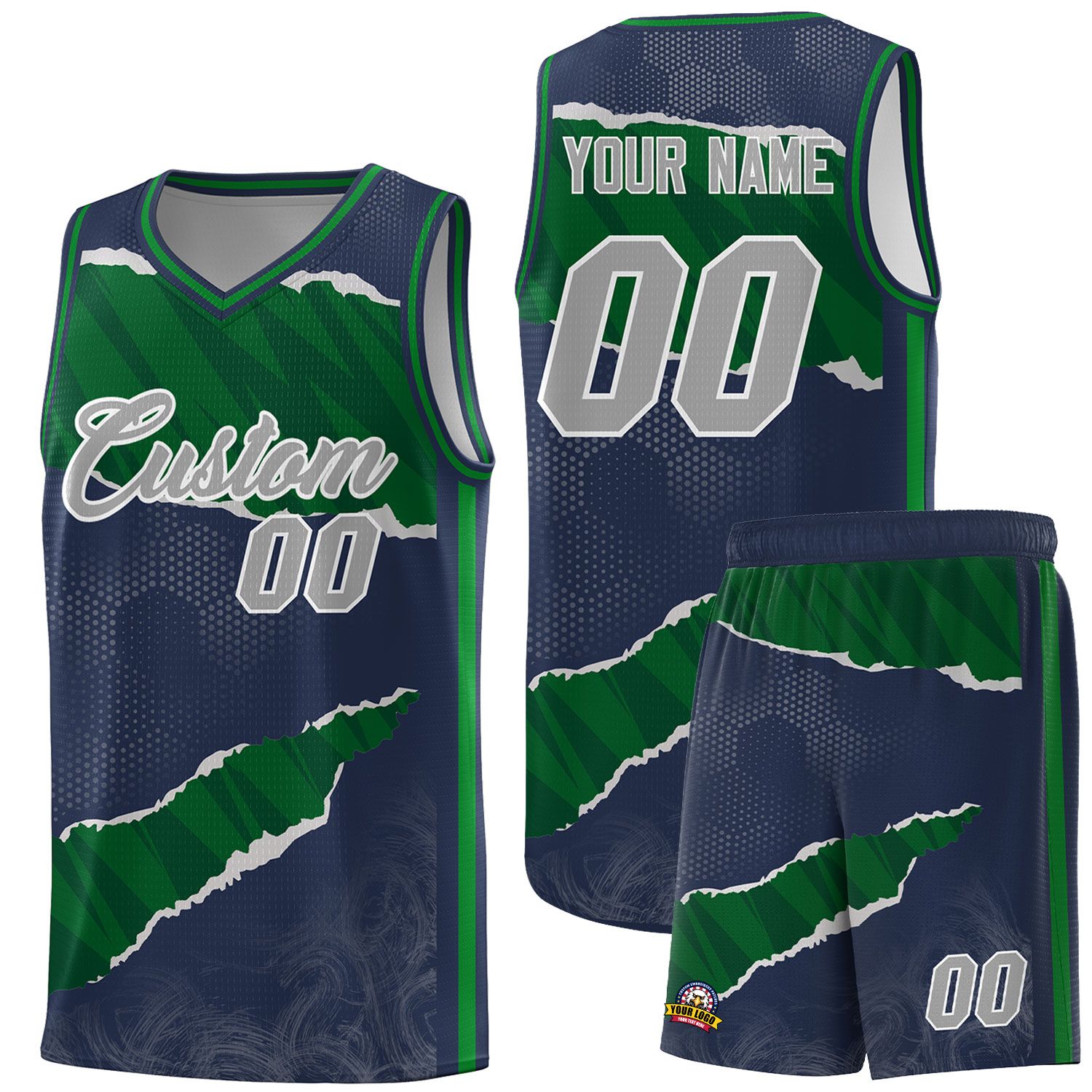 Benutzerdefiniertes Mitternachtsblaues Kelly Green-Hunter Green Tear Graffiti-Muster-Sportuniform-Basketballtrikot