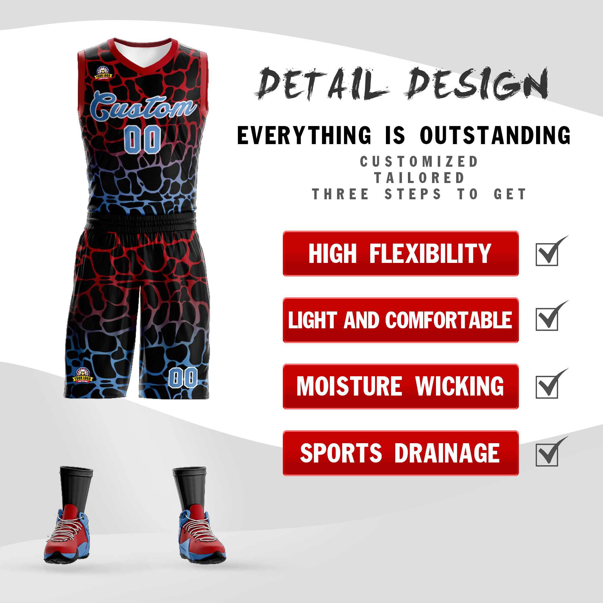 Kundenspezifisches Sportuniform-Basketballtrikot mit schwarzem, rot-pulverblauem, gepunktetem Graffiti-Muster