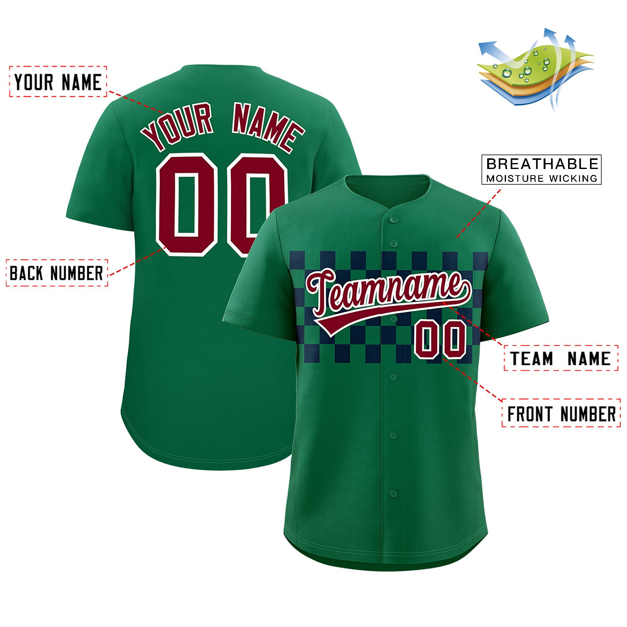 Benutzerdefiniertes Kelly Green Navy personalisiertes kariertes Modedesign, authentisches Baseball-Trikot Benutzerdefiniertes Kelly Green Navy personalisiertes kariertes Modedesign, authentisches Baseball-Trikot