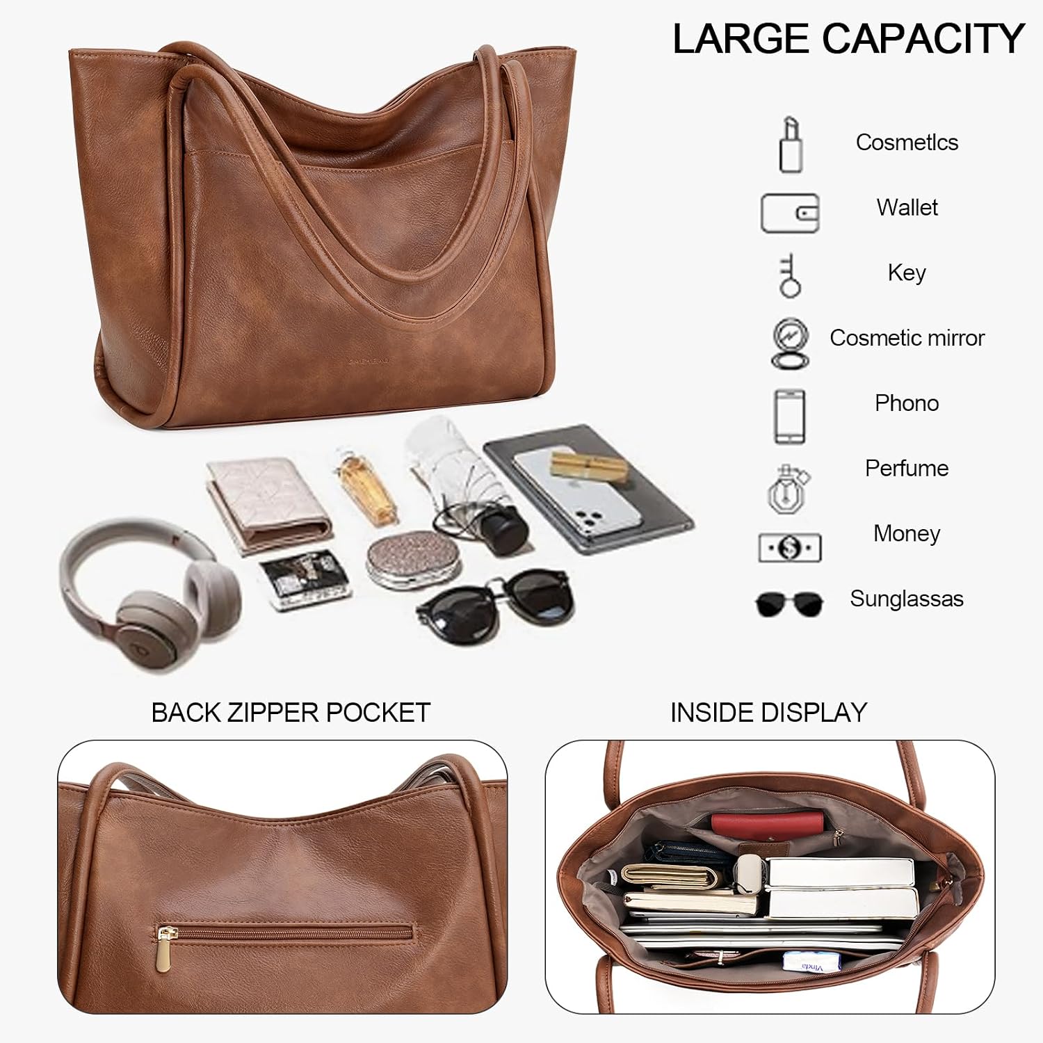 Women's Soft Leather Zipper Tote Bag Brown Women's Soft Leather Zipper Tote Bag Brown