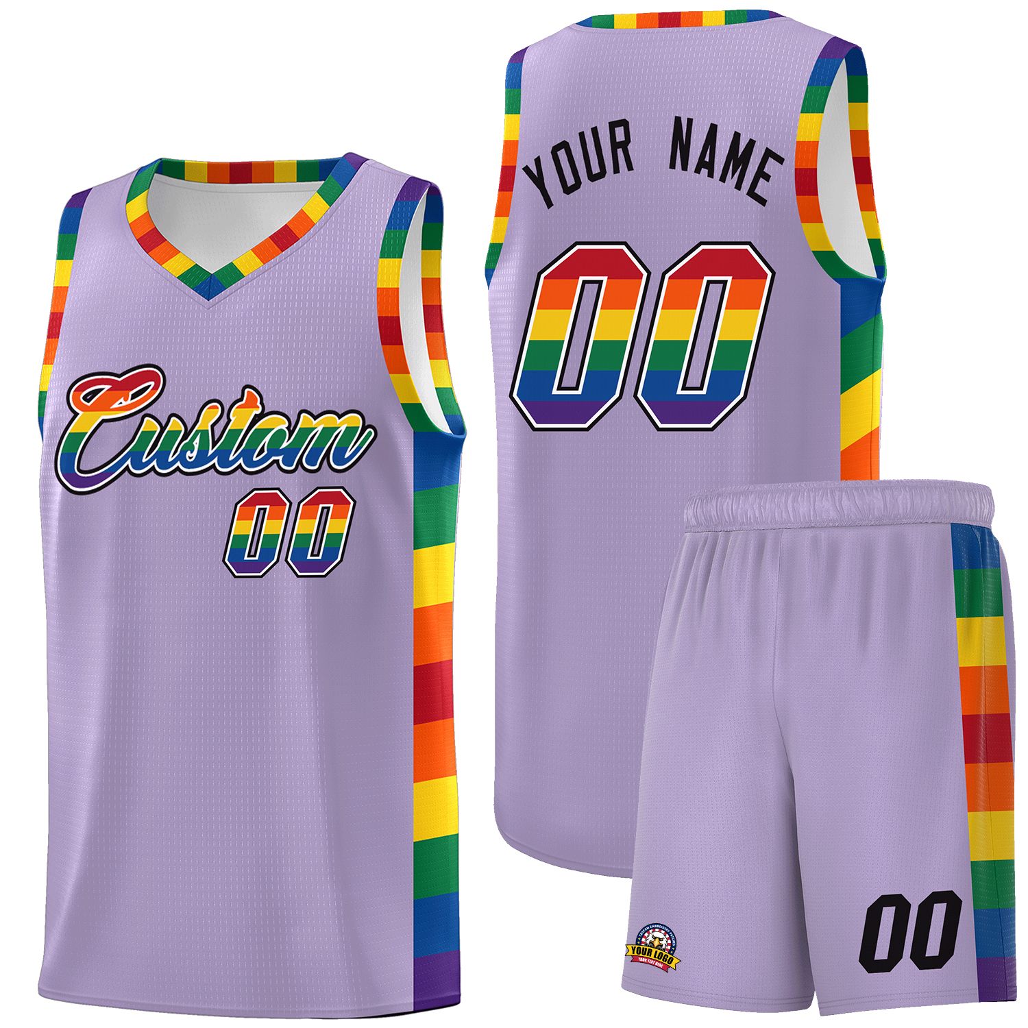 Benutzerdefinierter hellvioletter LGBT-Regenbogen für den Pride Month, Sportuniform-Basketballtrikot
