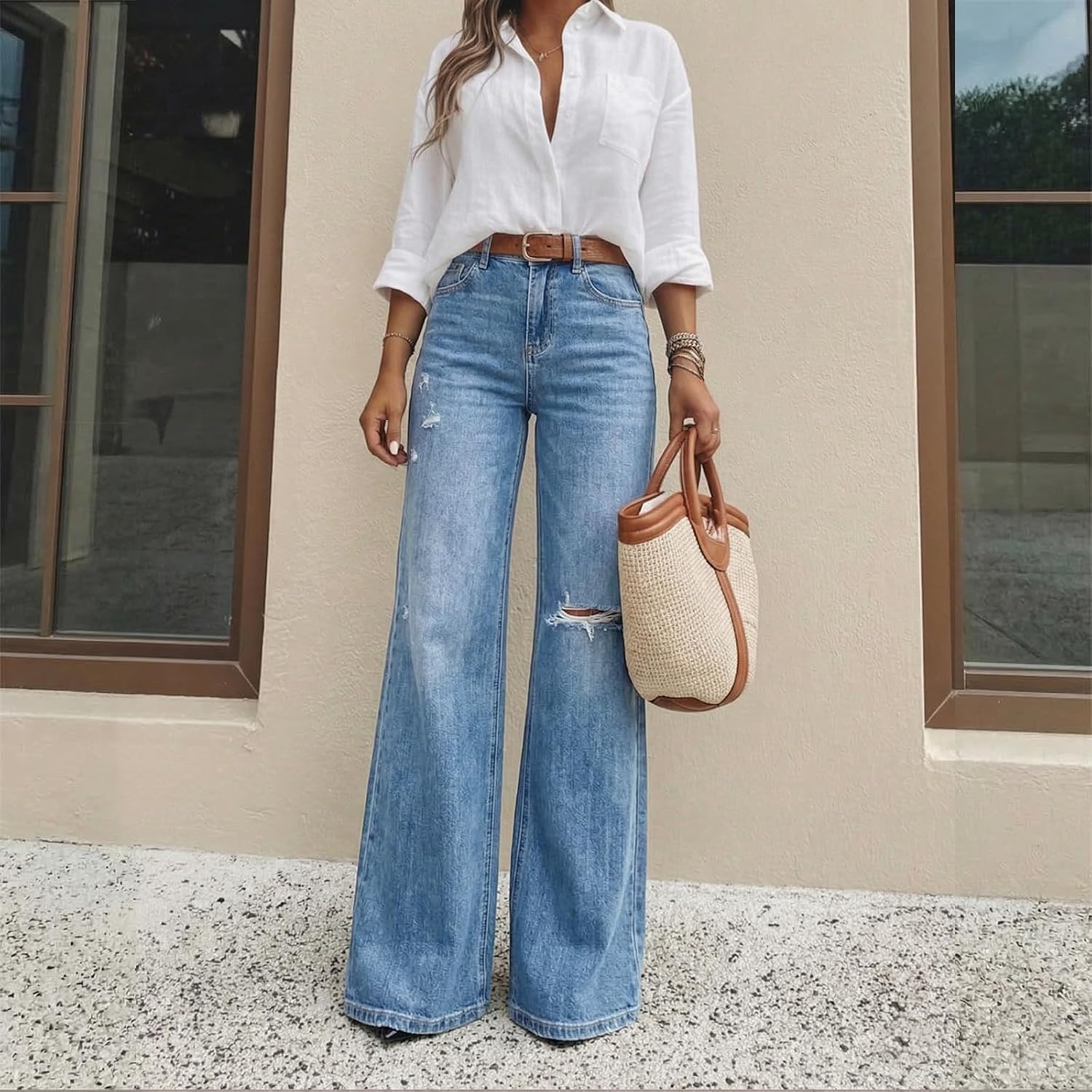 Women's High Waisted Wide Leg Jeans Light Wash Distressed
