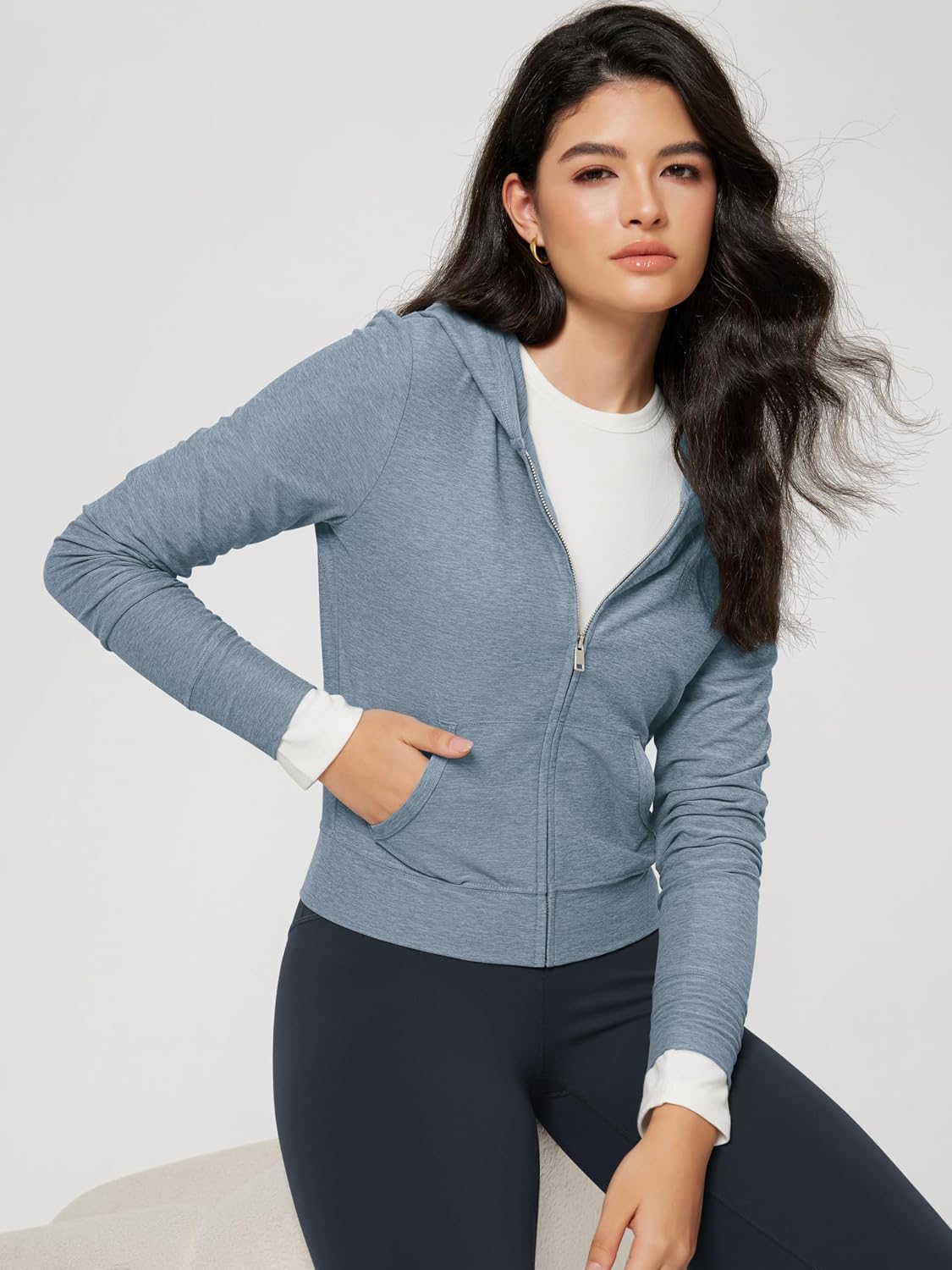 Women's Full-Zip Cropped Hoodie - odSTRATUM Tech Ultra Soft UPF 50+ Hooded Jacket with Pockets