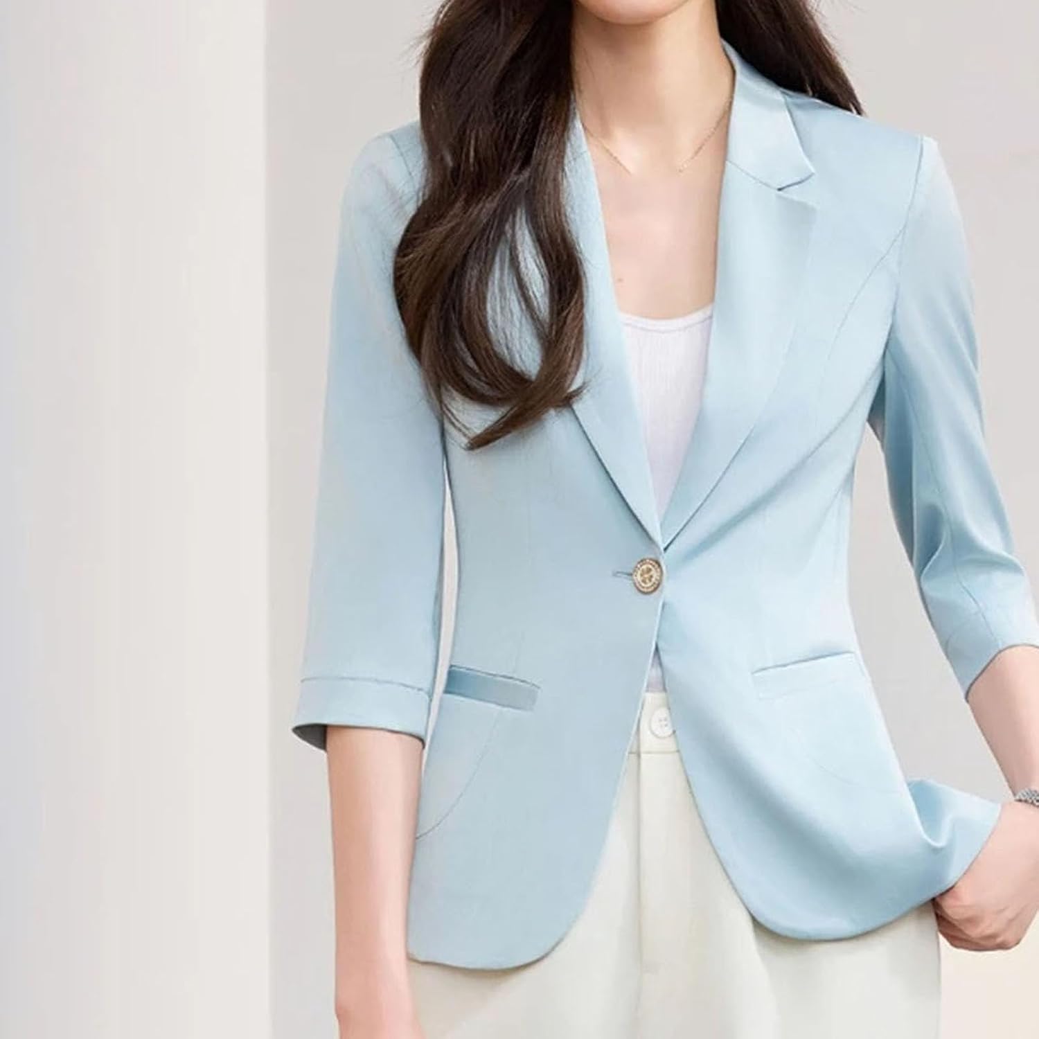 Women's Half Sleeve Single Button Blazer Light Blue