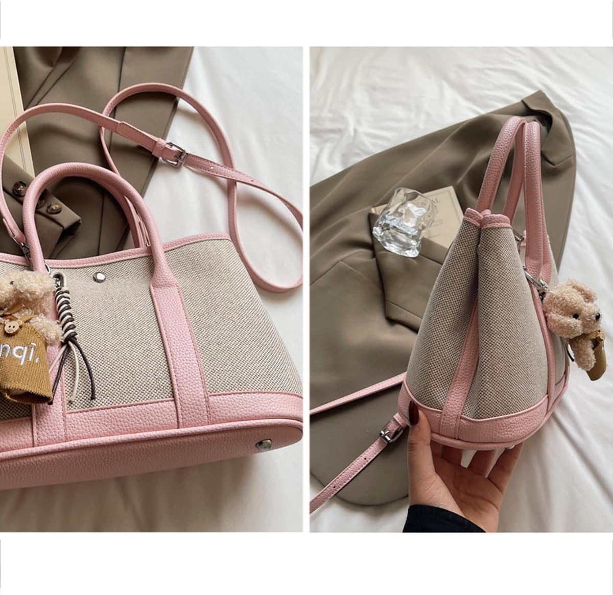 Women's Faux Leather Tote Bag with Front Pocket, Pink Women's Faux Leather Tote Bag with Front Pocket, Pink