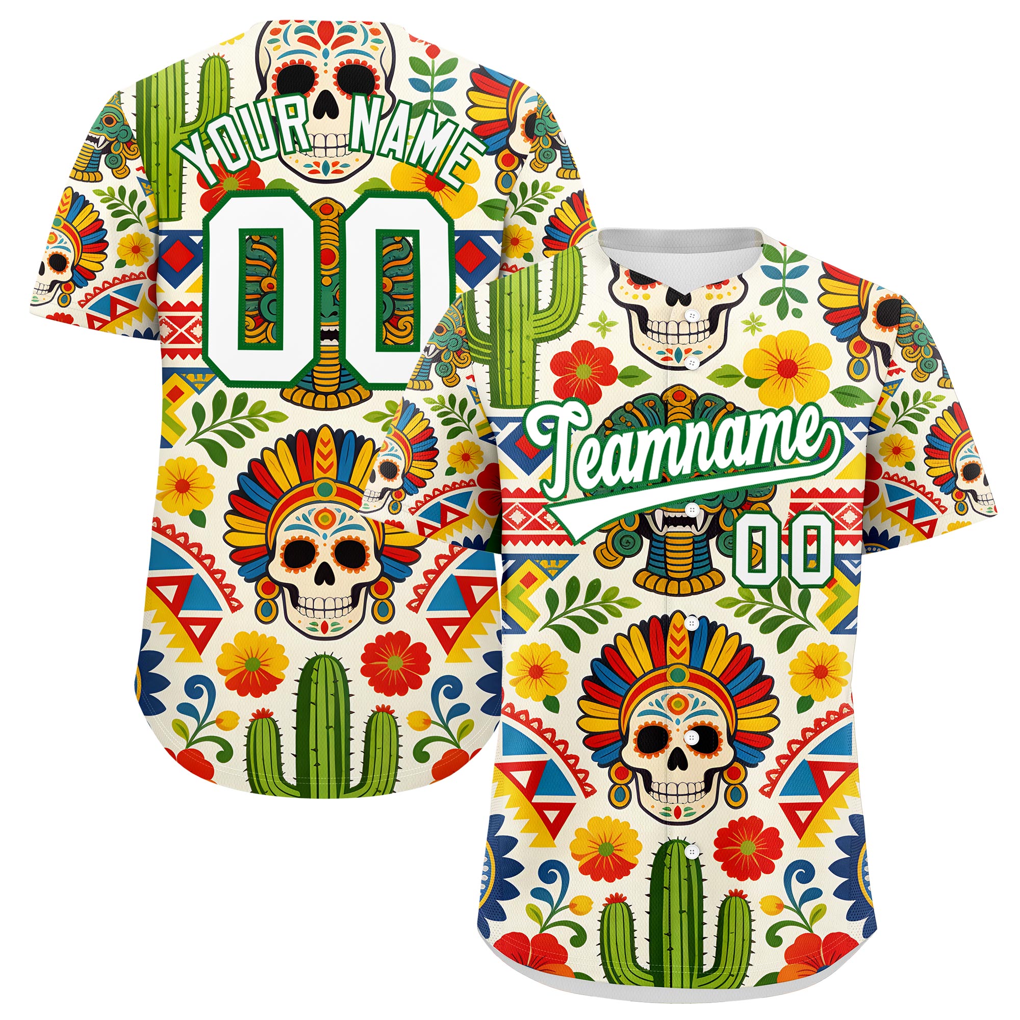 Benutzerdefiniertes Baseball-Trikot aus Stretchstoff mit Graffiti-Muster im mexikanischen Stil Benutzerdefiniertes Baseball-Trikot aus Stretchstoff mit Graffiti-Muster im mexikanischen Stil