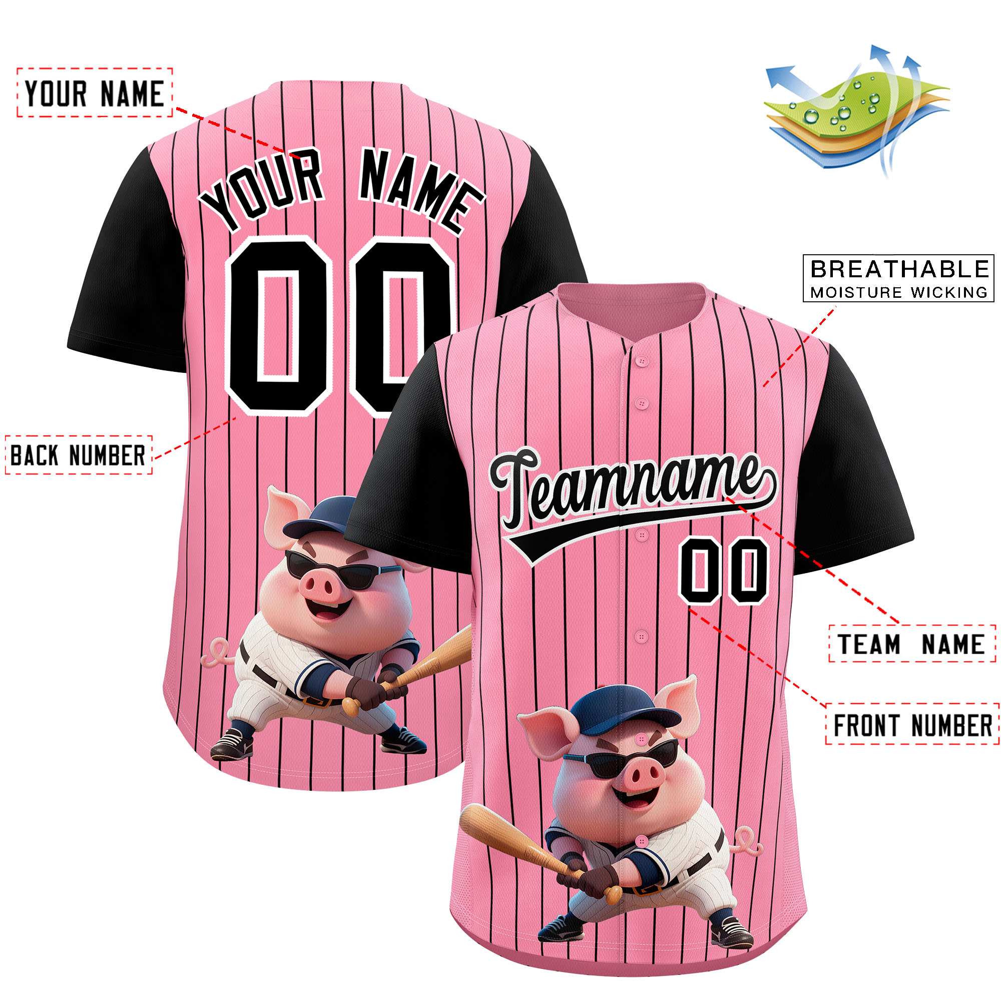 Authentisches Baseball-Trikot mit individuellem Streifen-Tiere-Graffiti-Muster, Raglanärmeln Authentisches Baseball-Trikot mit individuellem Streifen-Tiere-Graffiti-Muster, Raglanärmeln