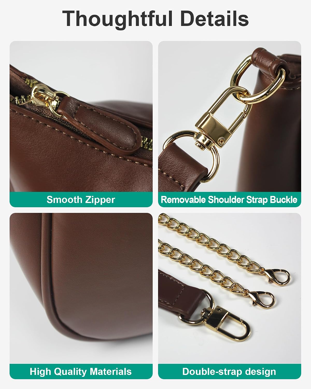 Women's Brown Leather Hobo Crossbody Purse with Chain Strap