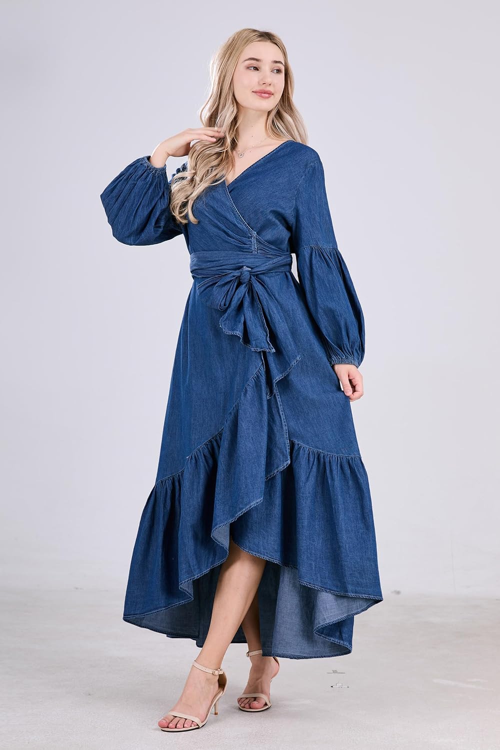 Womens Casual Belted Long Sleeve Denim Dress Wrapped V-Neck Ruffle Hem Maxi Dresses for Women
