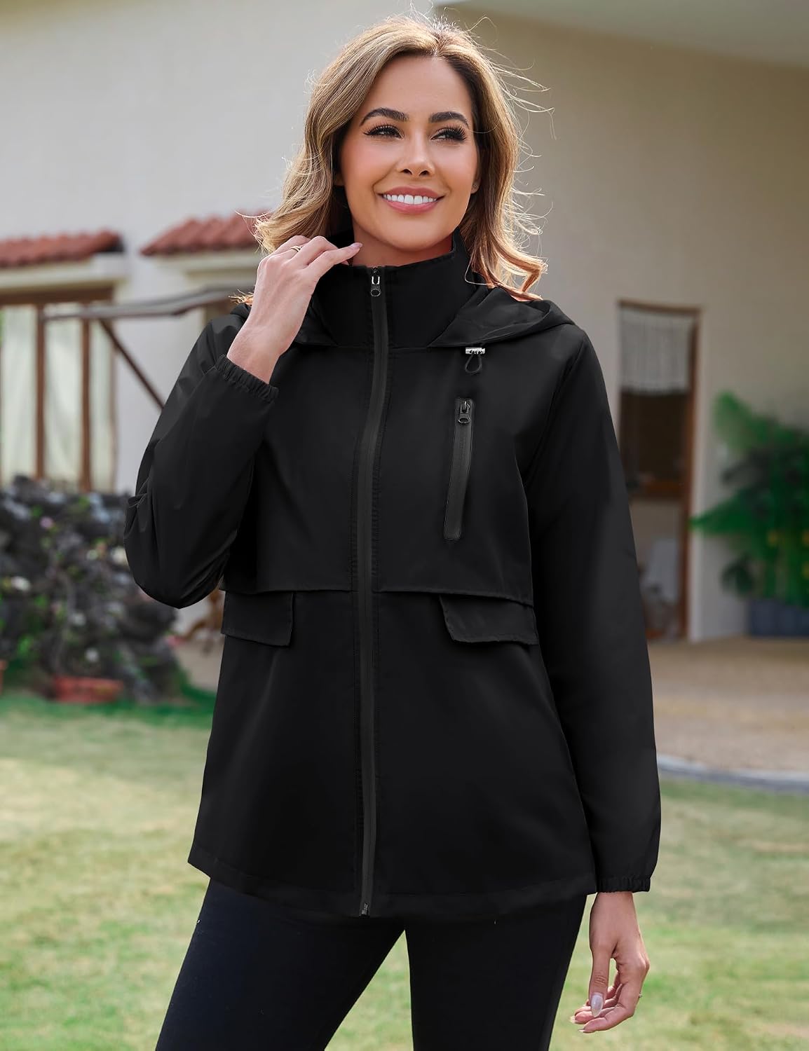 Women's Long Hooded Rain Jacket Waterproof Black