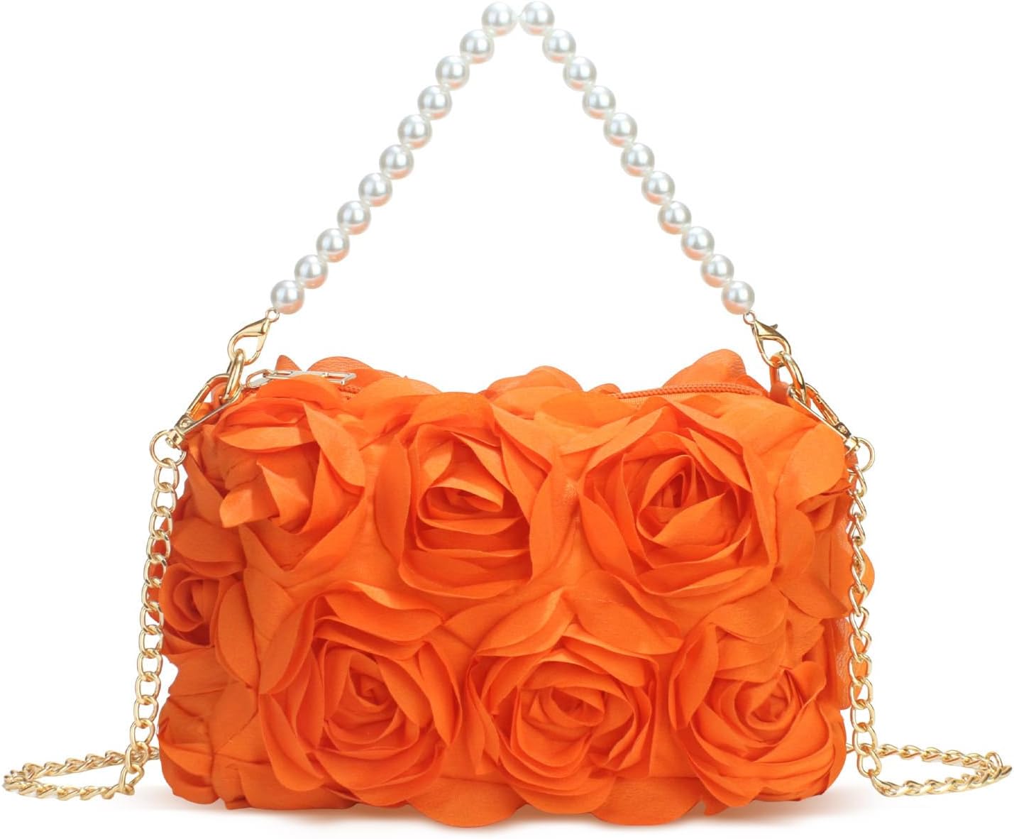 Women's Orange 3D Flower Clutch with Pearl Handle