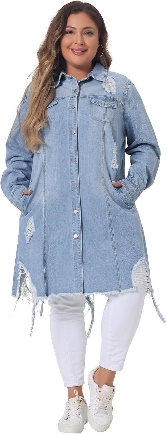 Women's Plus Size Distressed Long Denim Jacket Frayed Hem