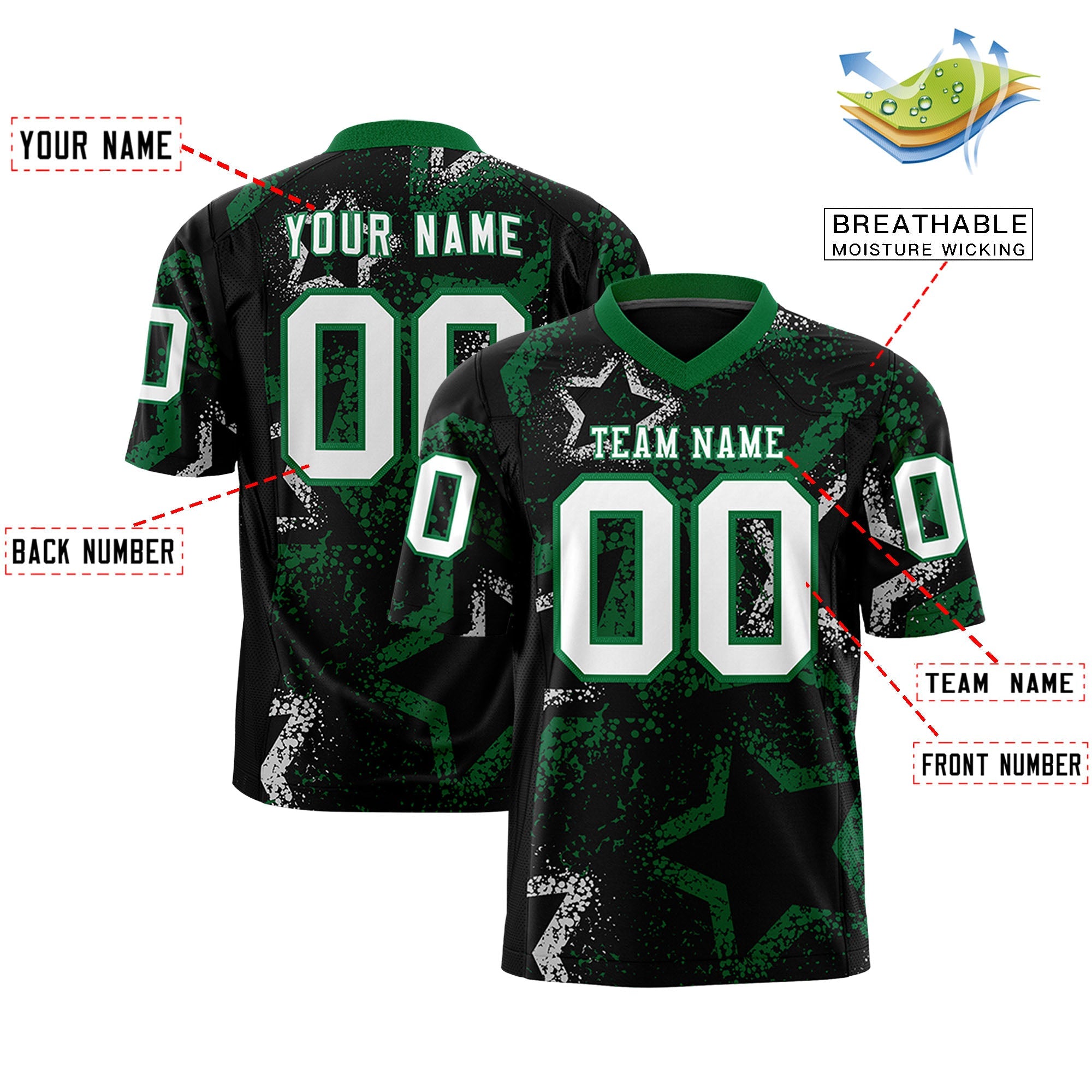 Benutzerdefiniertes Kelly Green-White personalisiertes authentisches Fußballtrikot mit Stern-Graffiti-Muster