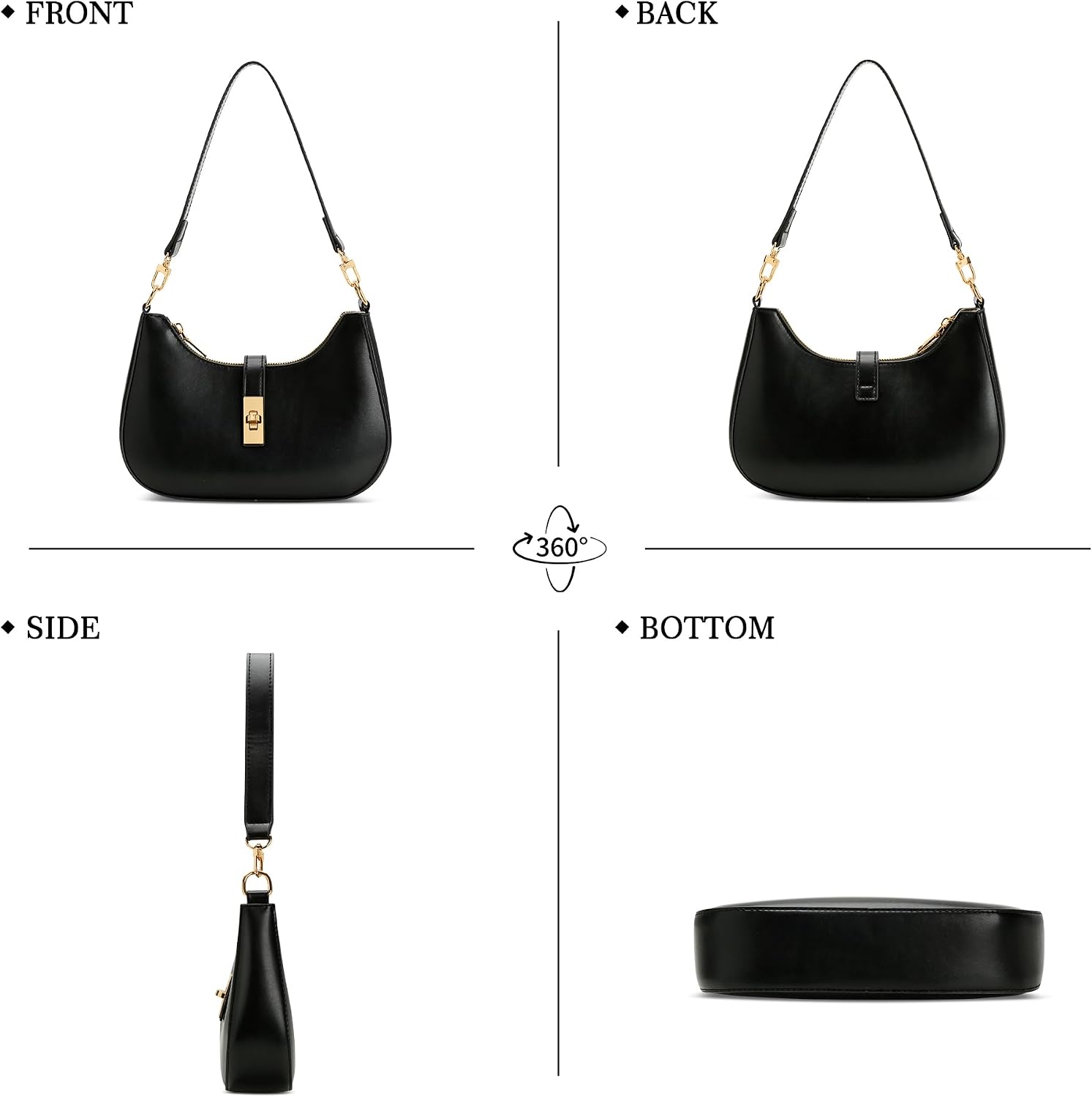 Women's Black PU Hobo Shoulder Bag Gold Clasp