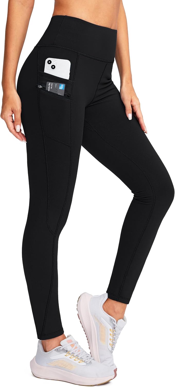 Women's Fleece Lined Leggings with Zipper Pocket (Black)
