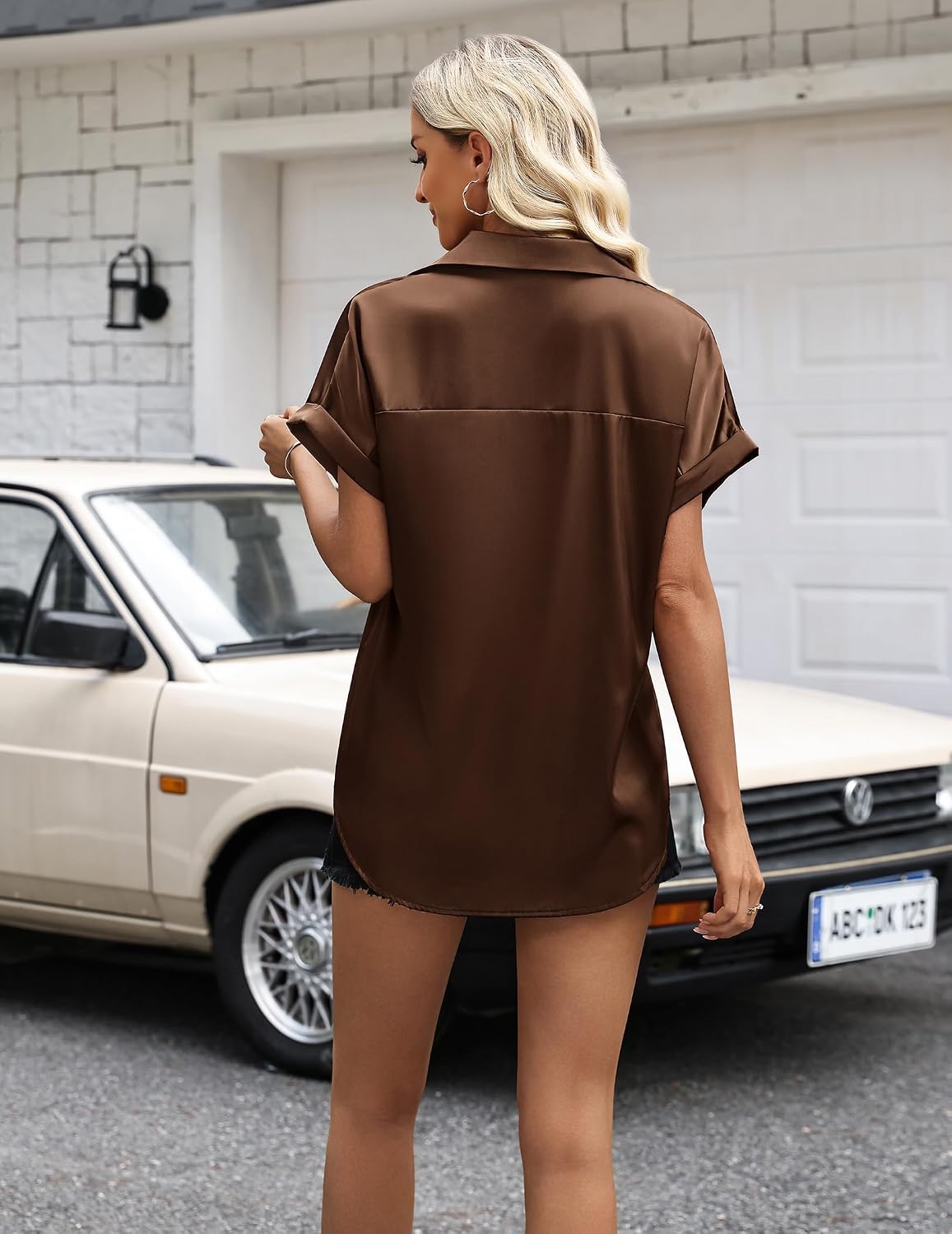 Womens Satin Blouse Short Sleeve Silk Tops Button Down Shirts Business Casual Outfits