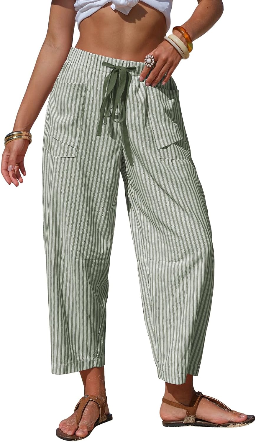 Womens Faux Linen Striped Barrel Capri Pants Drawstring Trousers Wide Leg Elastic Waist Deep Pockets Lightweight Beach Vacation Outfits Lounge Summer