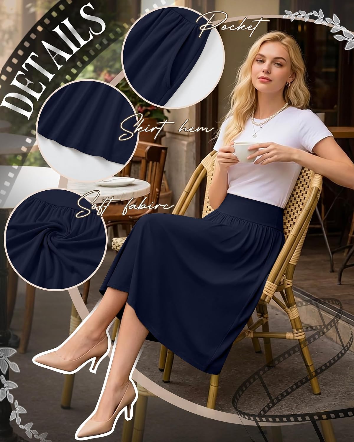 3 Packs Women's Knee Length Casual Skirts with Pockets, Flared High Waisted Midi Pleated Flowy a Line Summer Skirts