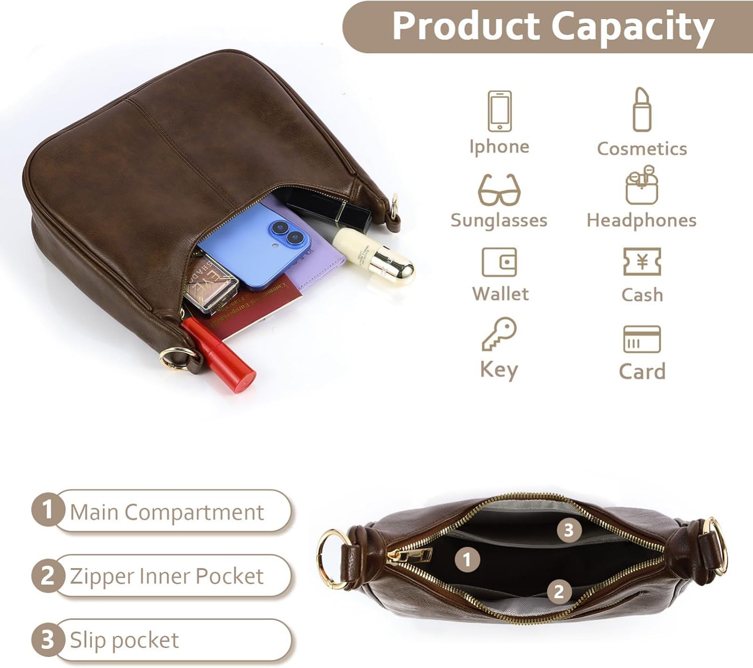 Women's Slouchy Vegan Leather Hobo Bag Crescent Purse