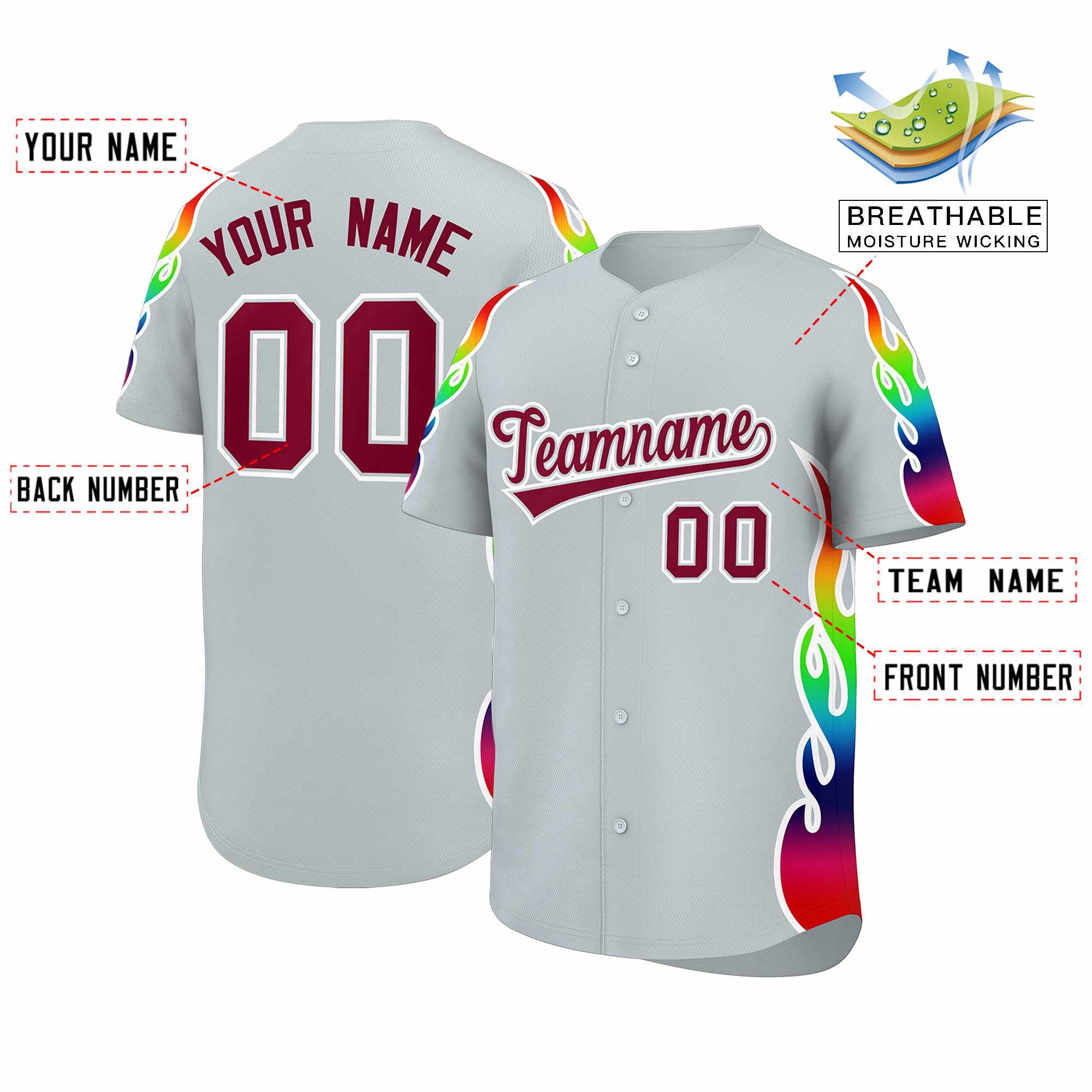 Benutzerdefiniertes Graffiti-Muster, personalisierter mehrfarbiger Flammendruck, authentisches Baseball-Trikot