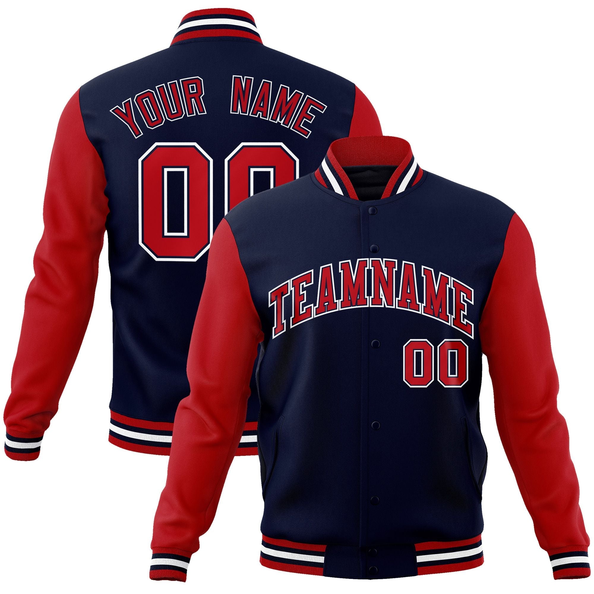 Benutzerdefinierte Varsity-Letterman-Jacke mit durchgehenden Druckknöpfen und Raglanärmeln