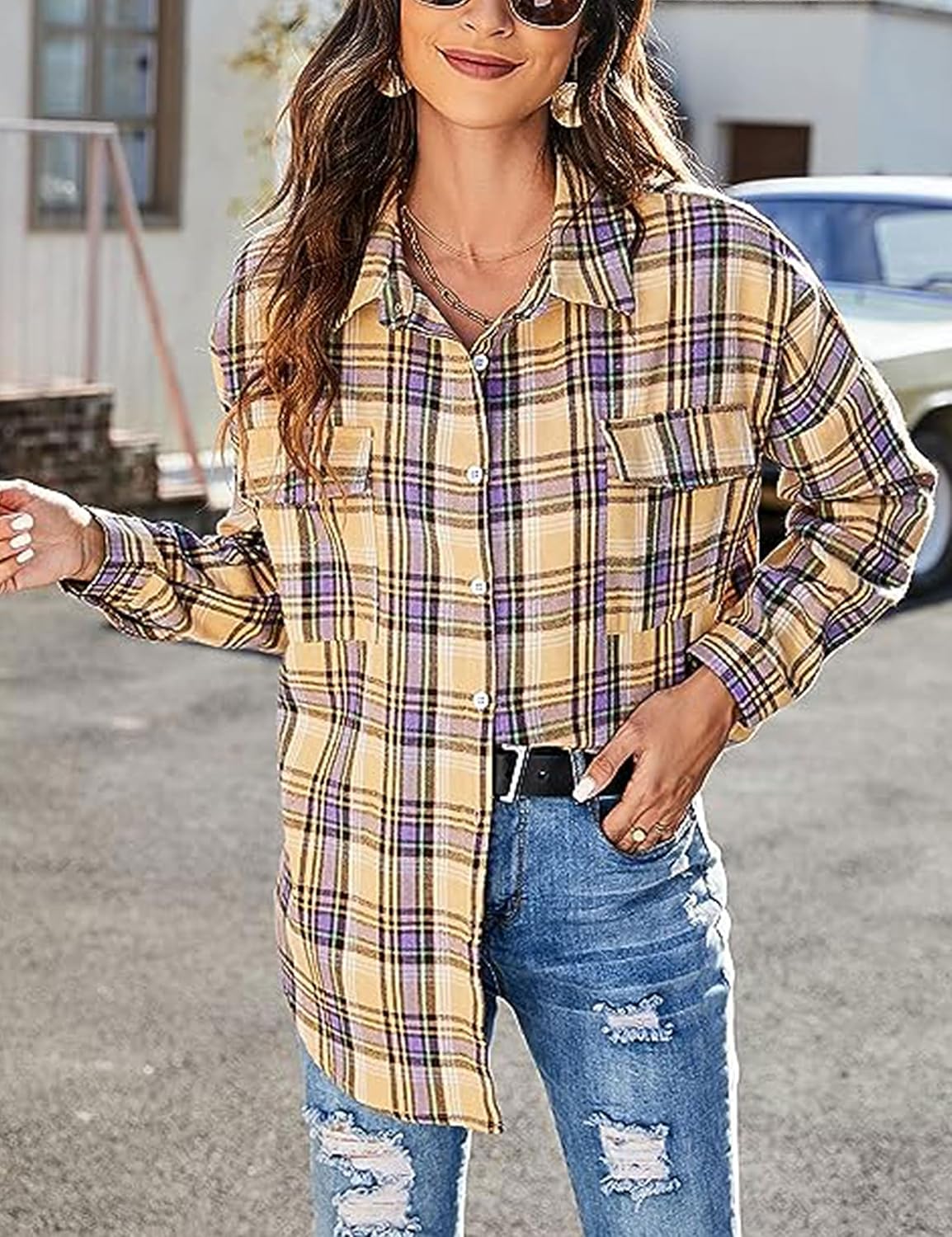 Womens Flannel Plaid Shirts Oversized Lightweight Buffalo Button Down Shirt Blouse Tops