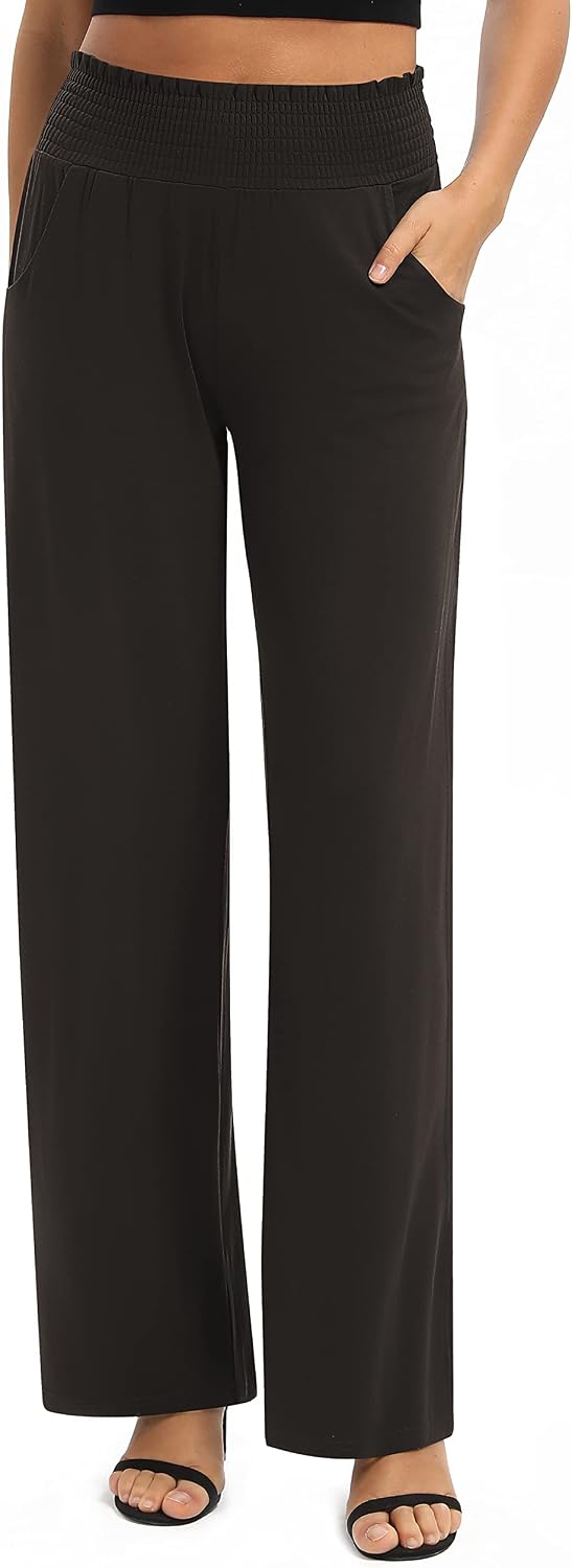 Womens High Waist Flowy Palazzo Pants Elastic Wide Leg Stretchy Straight Lounge Trousers