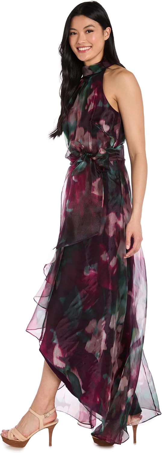 Women's Floral High Neck Gown W\ Hi-Lo Skirt Waist Sash - Spring Wedding Guest Cocktail Party Sleeveless Dress