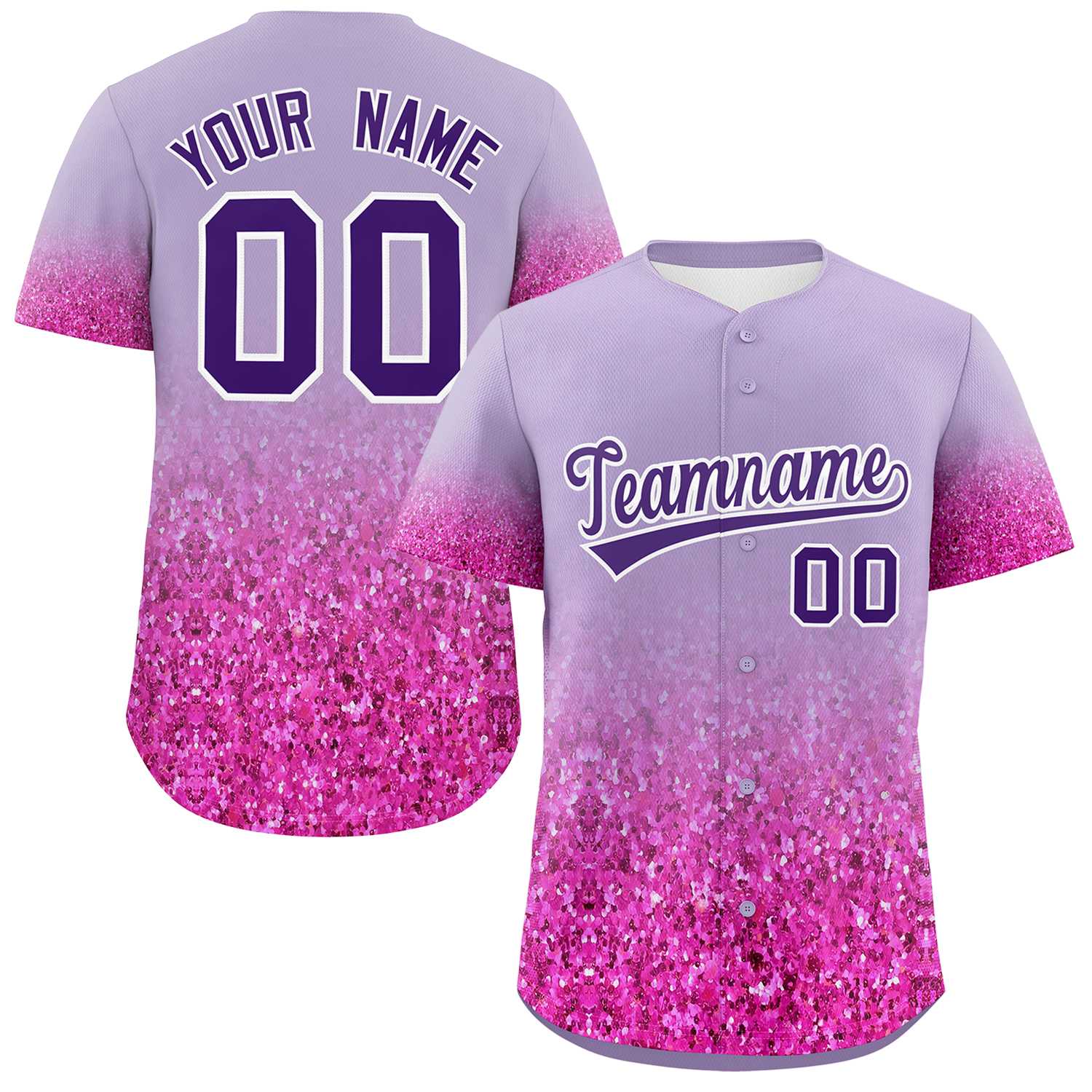 Benutzerdefiniertes, authentisches, modisches, hellviolettes Baseball-Trikot mit glitzerndem Muster und Farbverlauf