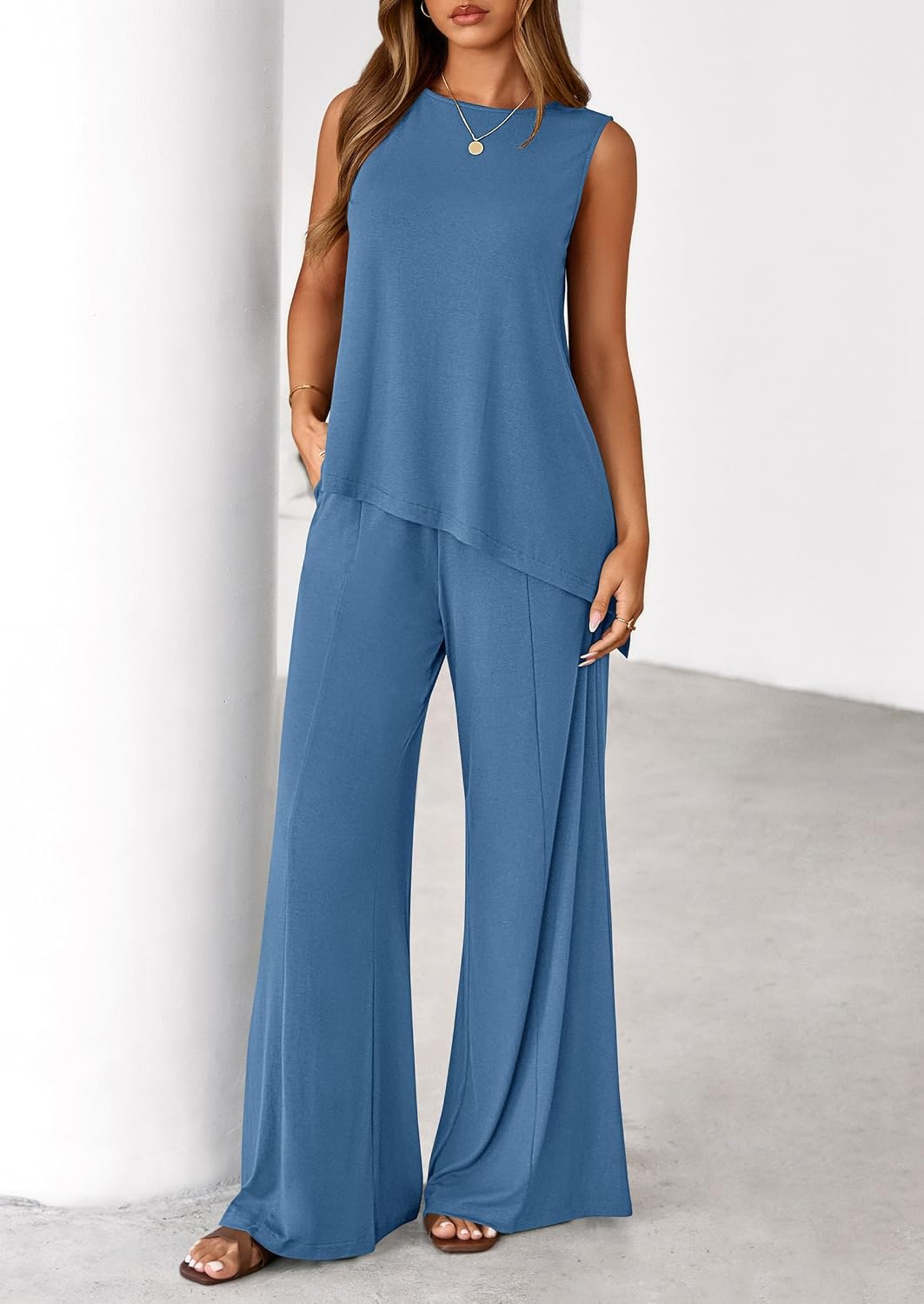 Women's 2 Piece Lounge Set Asymmetrical Tank Dusty Blue