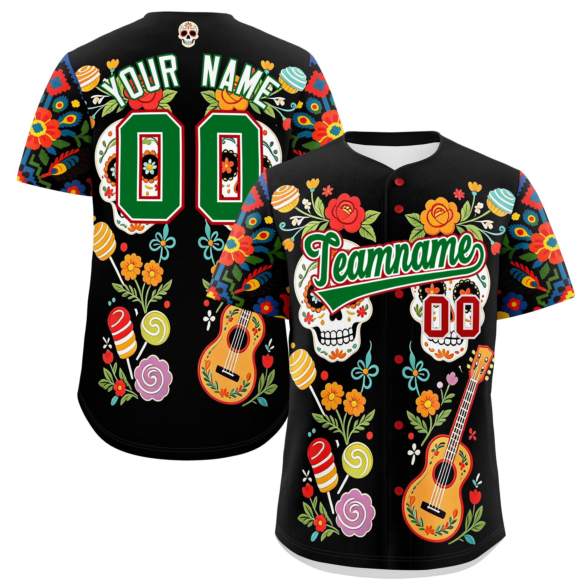 Benutzerdefiniertes Baseball-Trikot aus Stretchstoff mit Graffiti-Muster im mexikanischen Stil Benutzerdefiniertes Baseball-Trikot aus Stretchstoff mit Graffiti-Muster im mexikanischen Stil