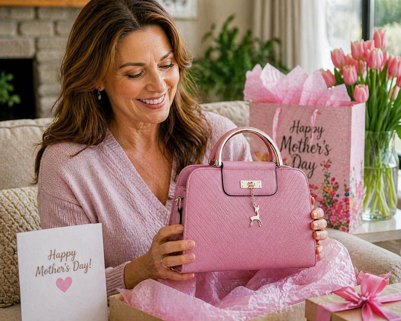 Women's Quilted Top Handle Satchel Bag Deer Charm Pink Women's Quilted Top Handle Satchel Bag Deer Charm Pink