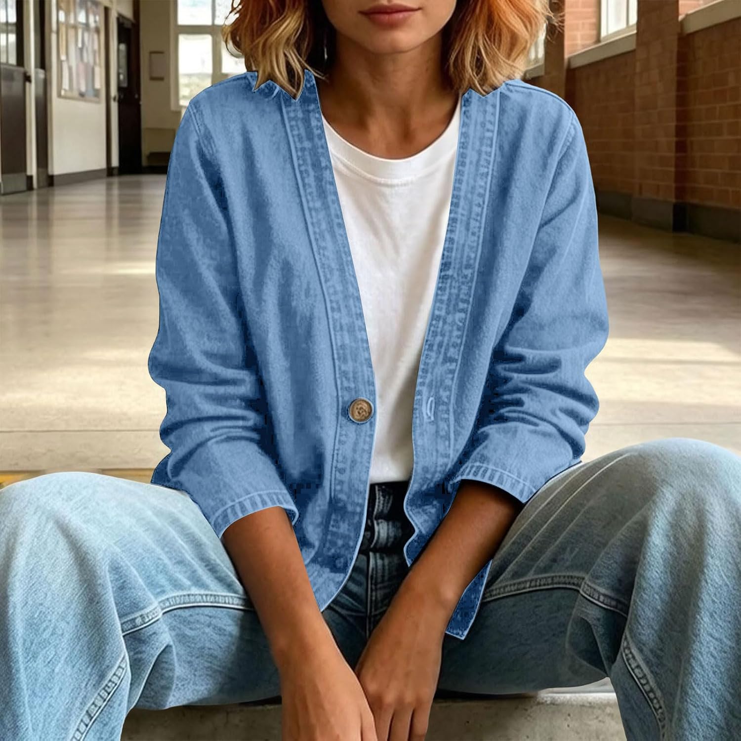 Denim Cardigan Jacket for Women Classic 3-Quarter Sleeve Jeans Oversized Wash V Neck Open Front Coat