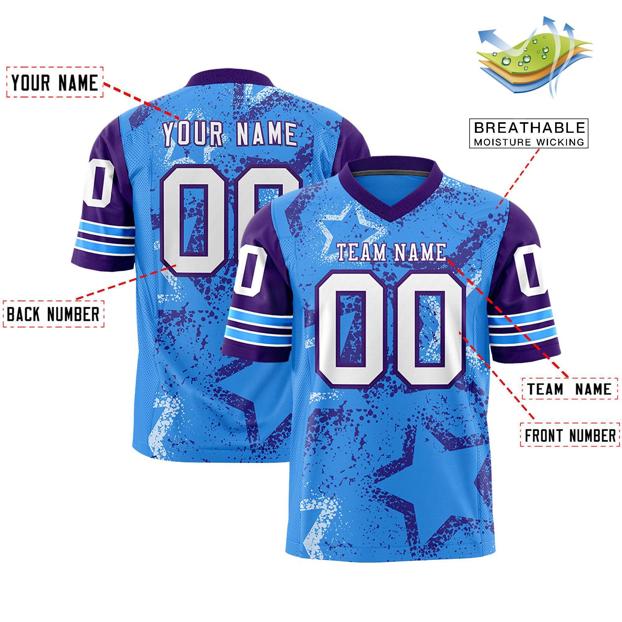 Individuell personalisiertes, authentisches Fußballtrikot mit Sternmuster-Design Individuell personalisiertes, authentisches Fußballtrikot mit Sternmuster-Design