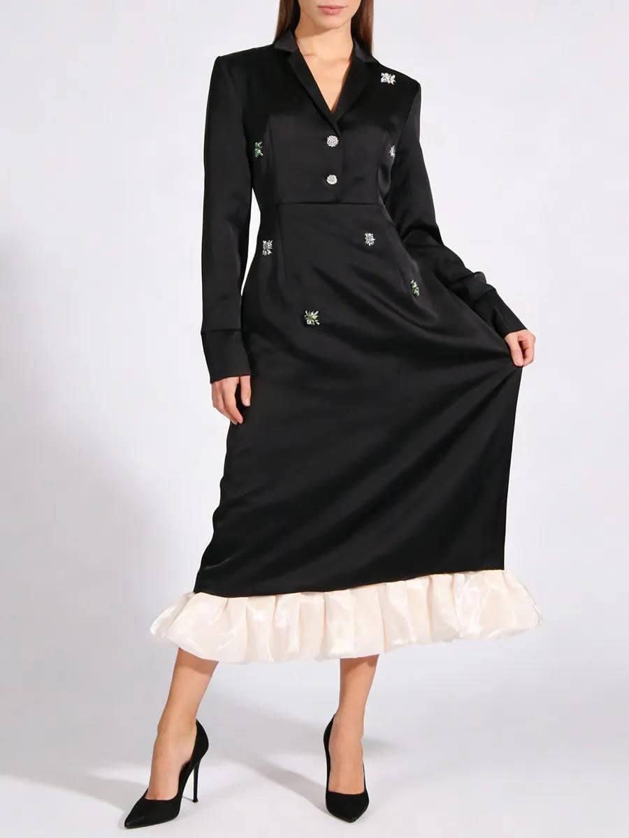 Women's Embellished Satin Midi Dress Lapel Long Sleeve Black