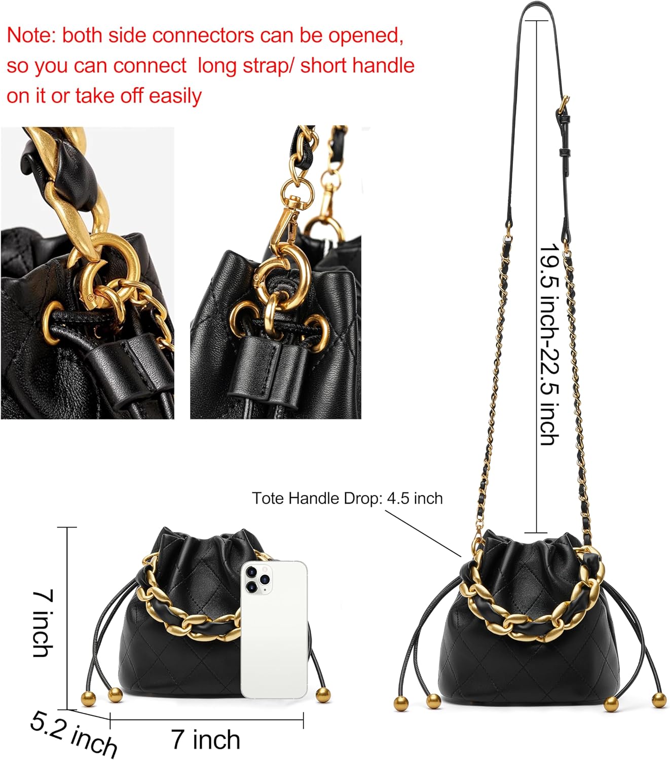 Women's Quilted Lambskin Chain Drawstring Bucket Bag, Black