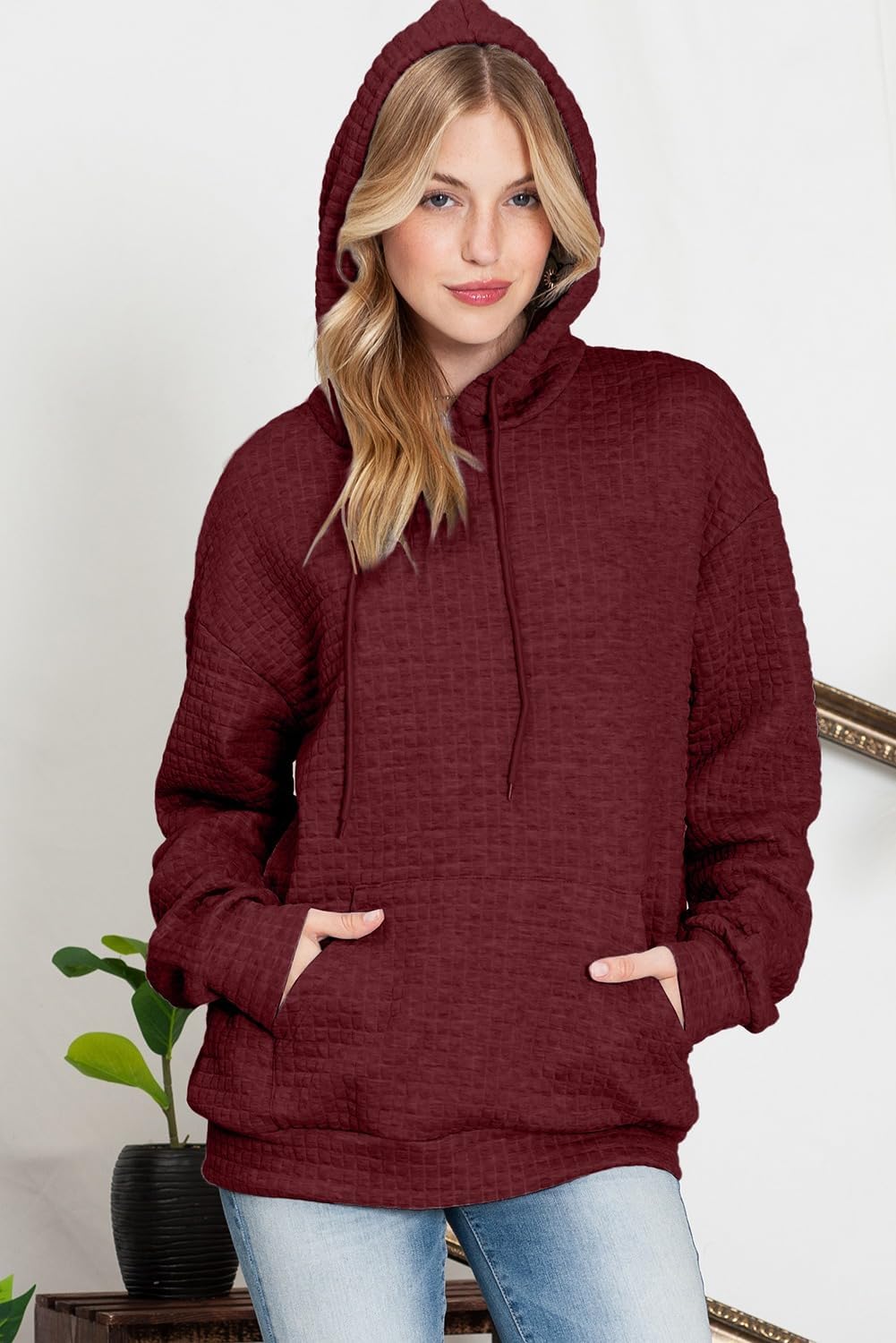 Womens Hoodies Casual Drawstring Waffle Pullover Tops Hooded Sweatshirt with Pocket
