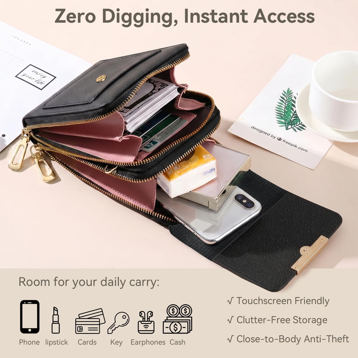 Women's PU Leather Phone Crossbody Bag Touchscreen Purse Black
