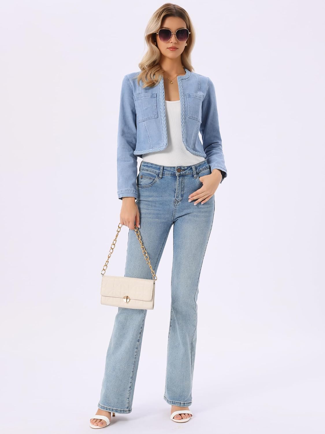 Denim Jacket for Women Collarless Long Sleeve Open Front Cropped Jean Jackets