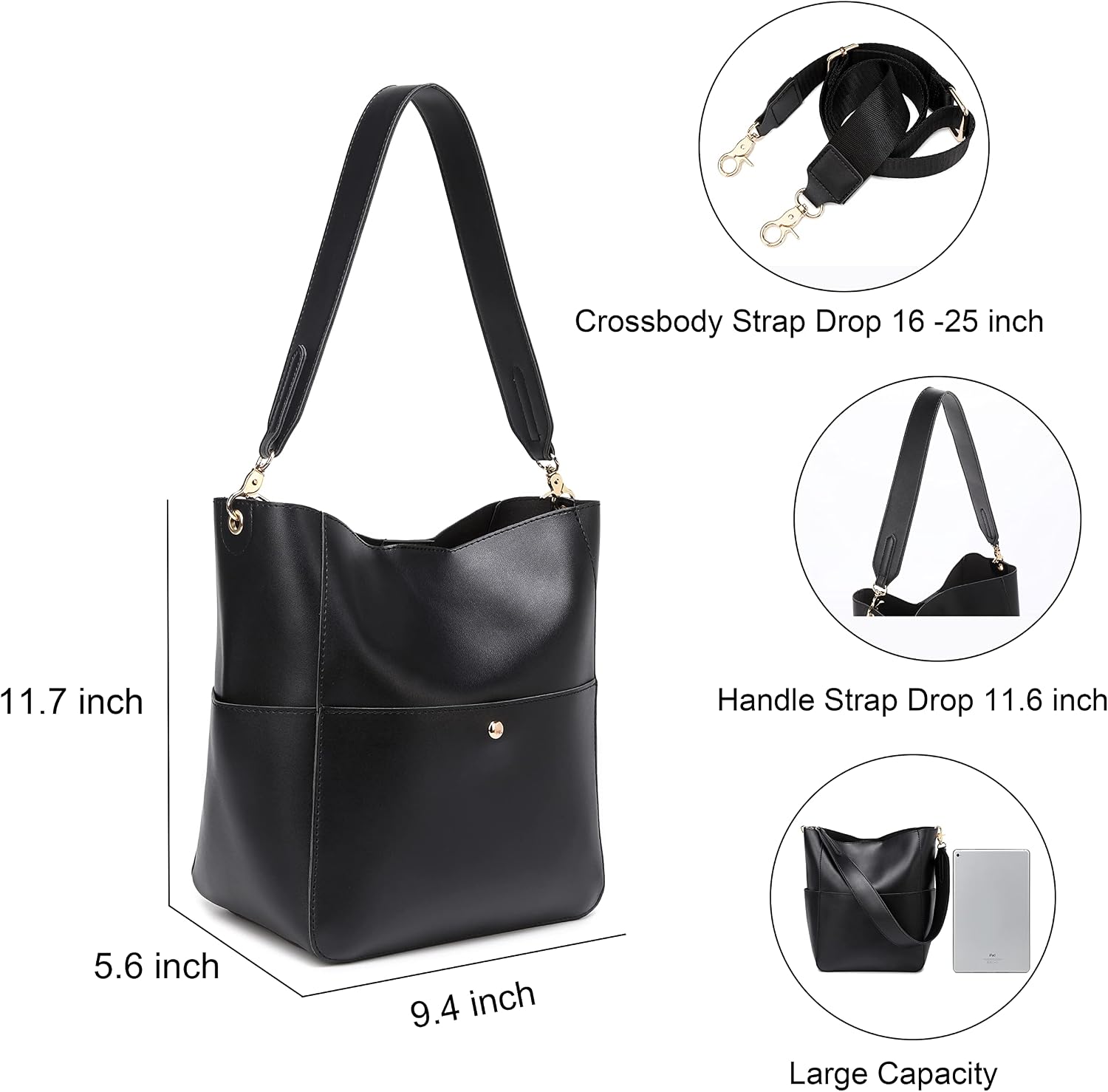 Women's Soft Vegan Leather Hobo Tote Bag Black Women's Soft Vegan Leather Hobo Tote Bag Black