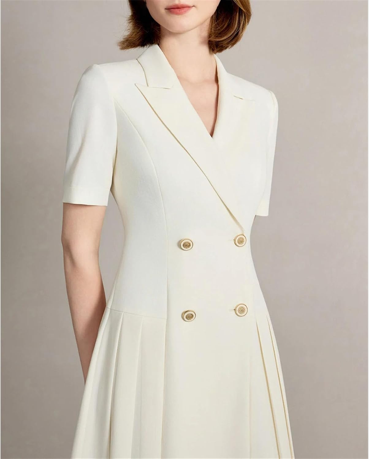Women's Double Breasted Blazer Dress Short Sleeve Pleated White