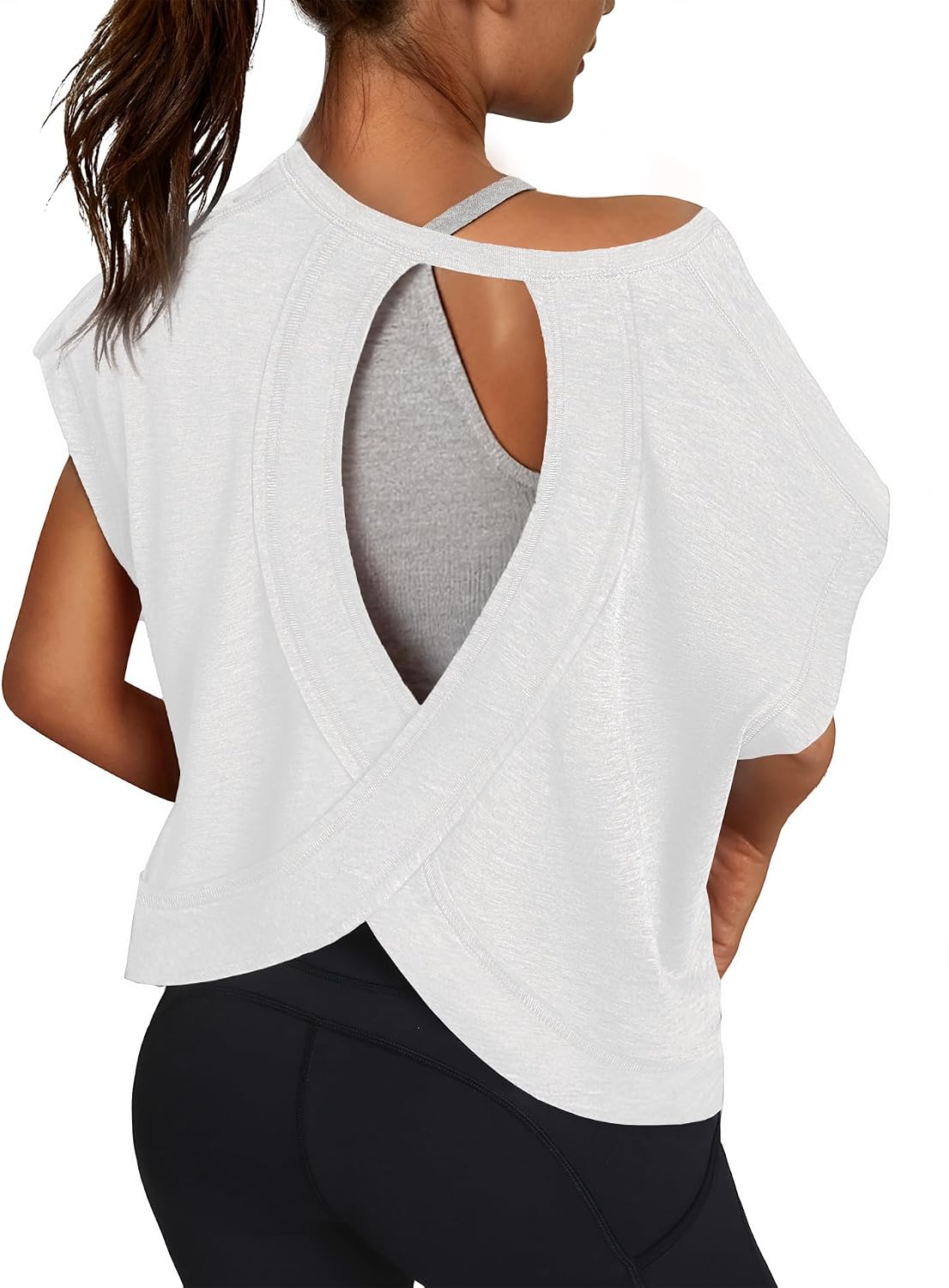 Women's Open Back Workout Tee Short Sleeve Athletic Top