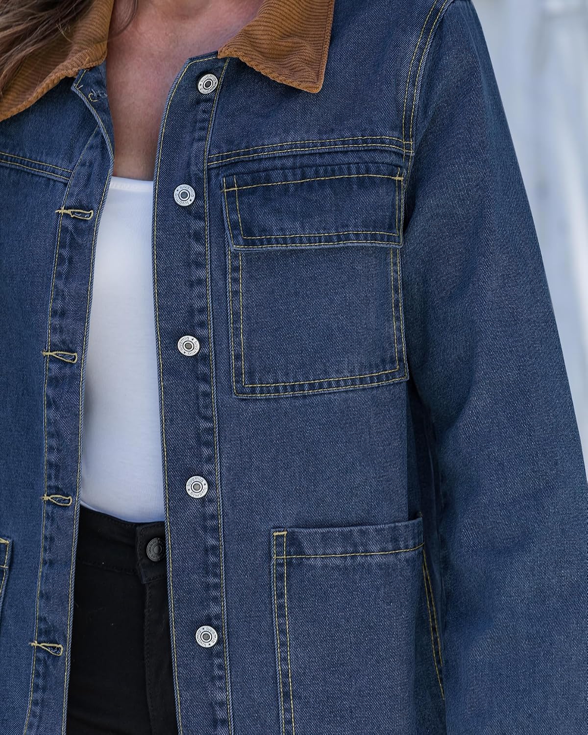 Jean Jacket Women Trendy Button Down Contrast Corduroy Collar Fit Denim Barn Jackets with Pockets