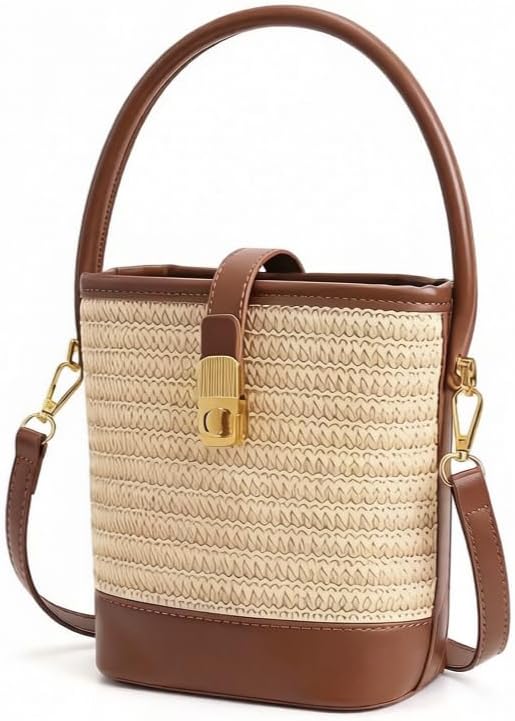 Women's Straw Woven Top-Handle Bucket Bag, Tan
