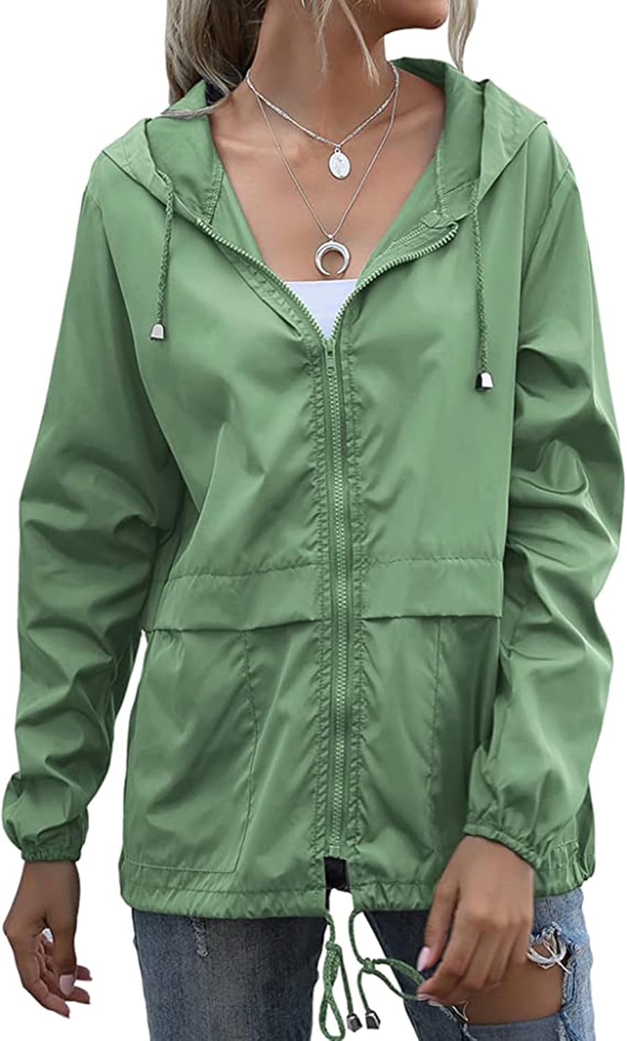 Women's Lightweight Hooded Rain Jacket Packable Sage Green