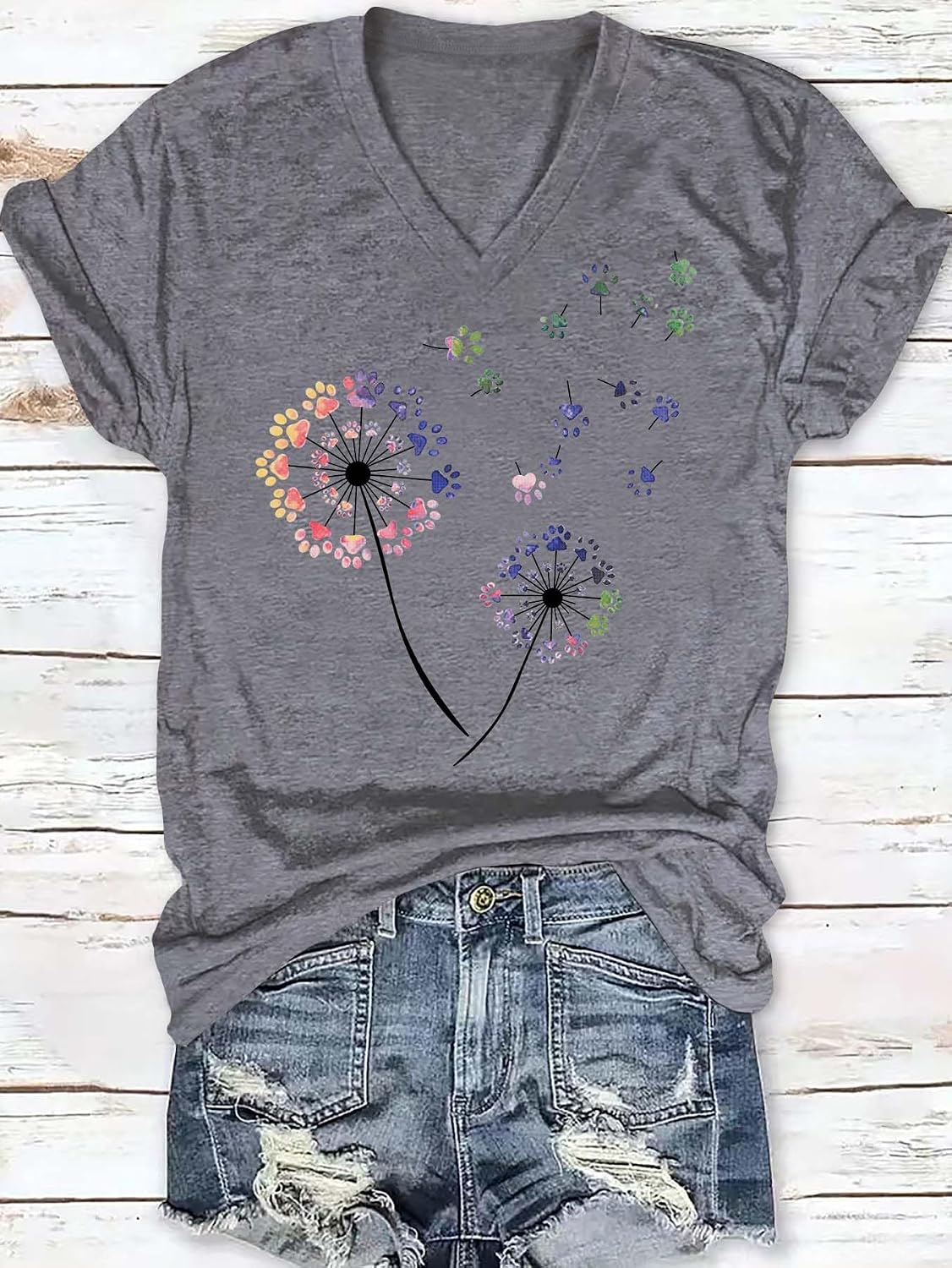 Women's Dandelion Paw Print Graphic V Neck T-Shirt