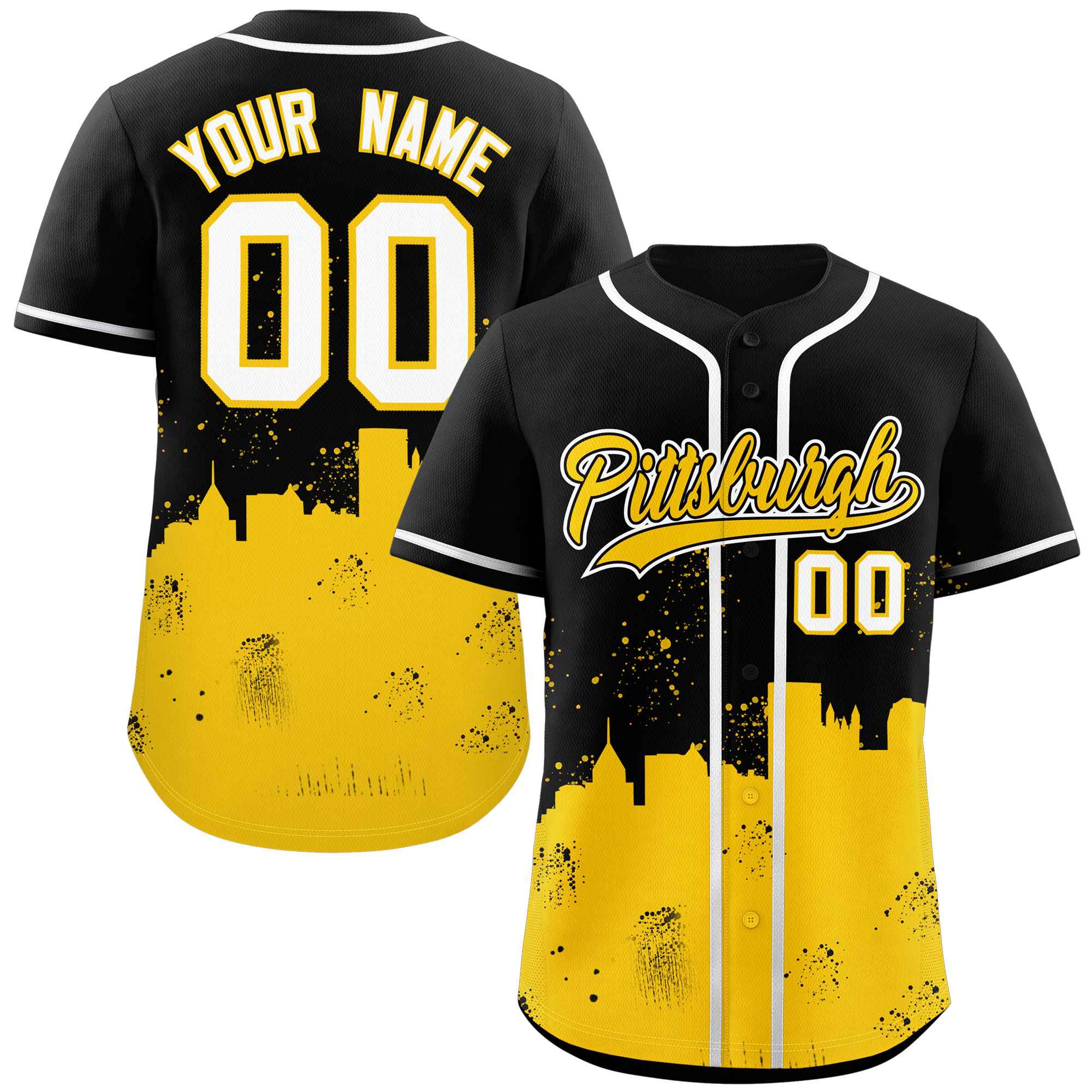 Benutzerdefinierte schwarz gelb personalisierte authentische Pittsburgh City Nightscape Baseball Jersey
