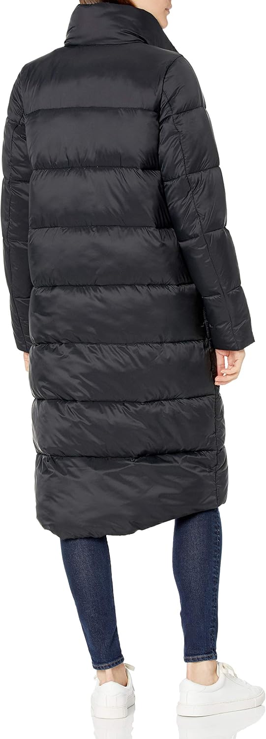 Women's Long Quilted Puffer Coat Snap Front Black