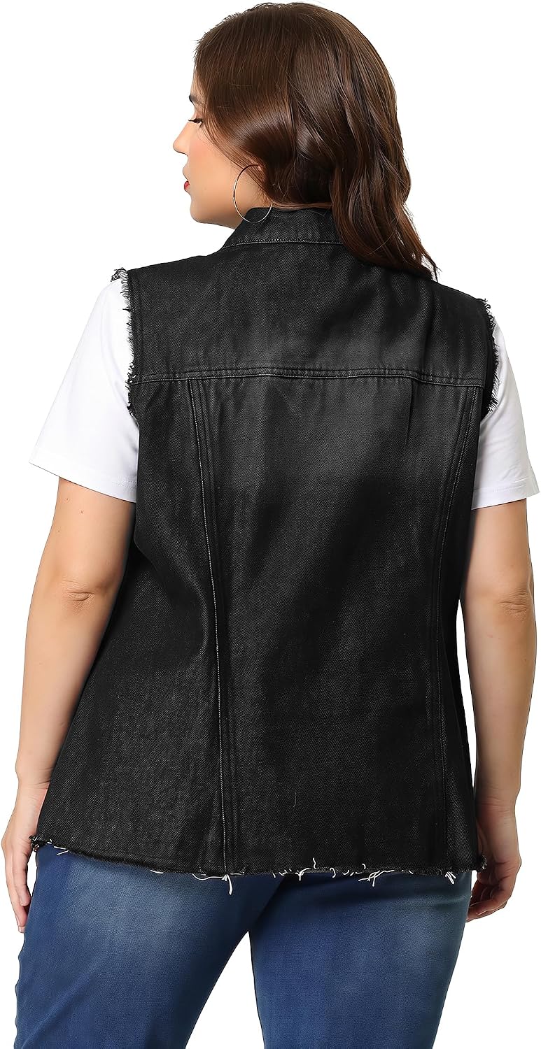 Women's Long Denim Vest Lapel Frayed Hem Washed Black Women's Long Denim Vest Lapel Frayed Hem Washed Black