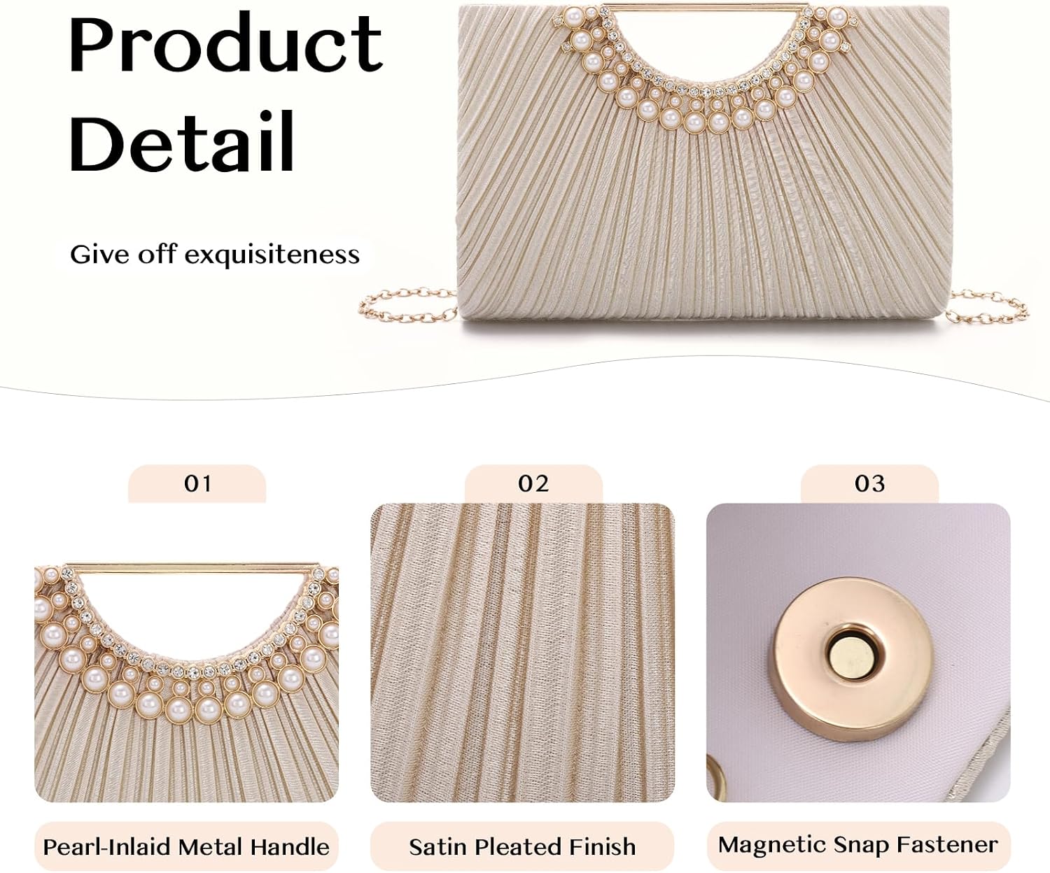 Women's Pleated Satin Clutch with Pearl Handle and Chain